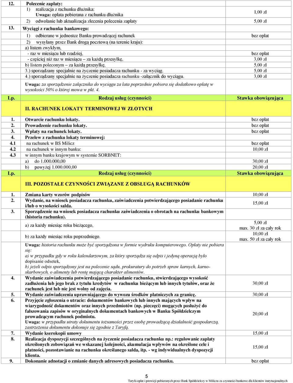 bez opłat - częściej niż raz w miesiącu za każdą przesyłkę, 3,00 zł b) listem poleconym za każdą przesyłkę, 5,00 zł 3.) sporządzany specjalnie na życzenie posiadacza rachunku - za wyciąg. 5,00 zł 4.