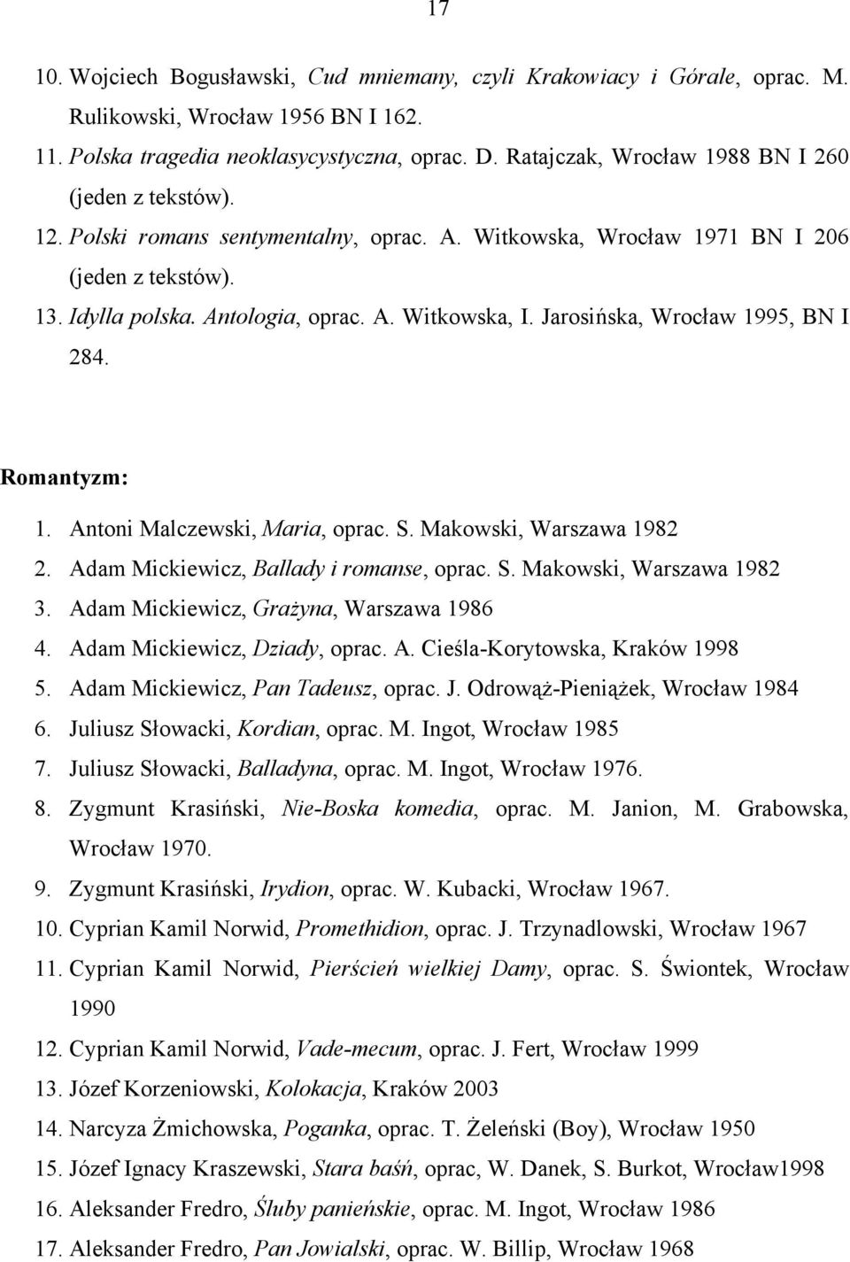 Jarosińska, Wrocław 1995, BN I 284. Romantyzm: 1. Antoni Malczewski, Maria, oprac. S. Makowski, Warszawa 1982 2. Adam Mickiewicz, Ballady i romanse, oprac. S. Makowski, Warszawa 1982 3.