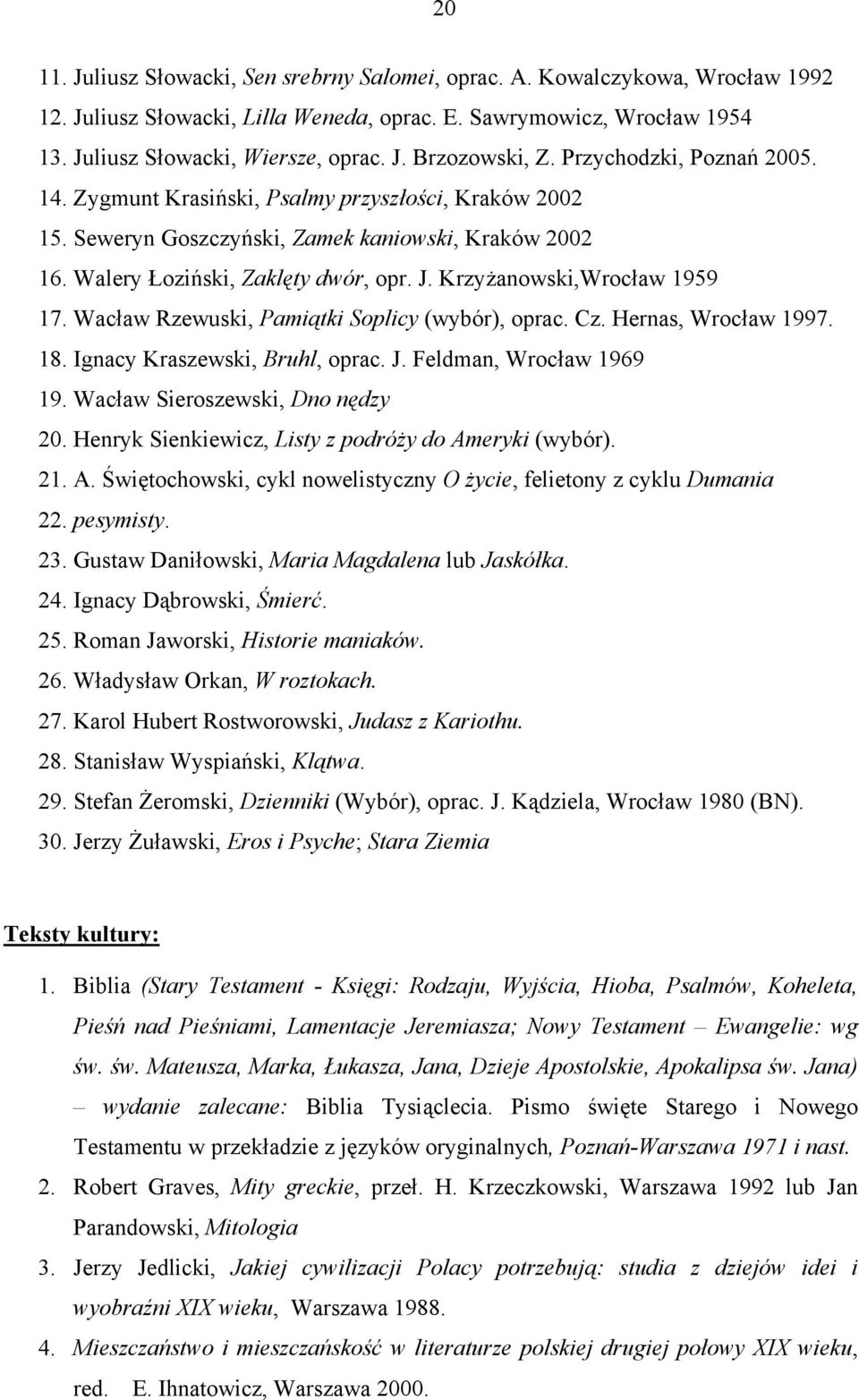 Krzyżanowski,Wrocław 1959 17. Wacław Rzewuski, Pamiątki Soplicy (wybór), oprac. Cz. Hernas, Wrocław 1997. 18. Ignacy Kraszewski, Bruhl, oprac. J. Feldman, Wrocław 1969 19.