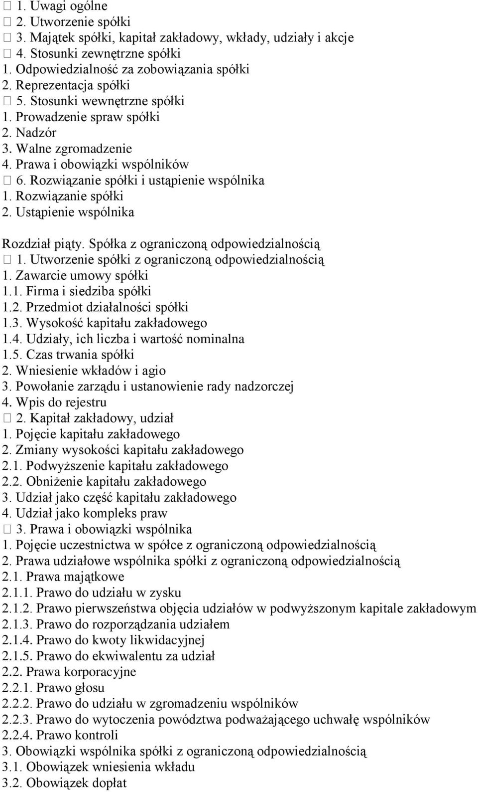 Ustąpienie wspólnika Rozdział piąty. Spółka z ograniczoną odpowiedzialnością 1. Utworzenie spółki z ograniczoną odpowiedzialnością 1. Zawarcie umowy spółki 1.1. Firma i siedziba spółki 1.2.