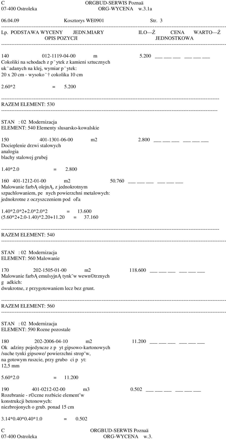 ------------------------------------------------------------------------------------------------------------------------------- ELEMENT: 540 Elementy slusarsko-kowalskie 150 401-1301-06-00 m2 2.