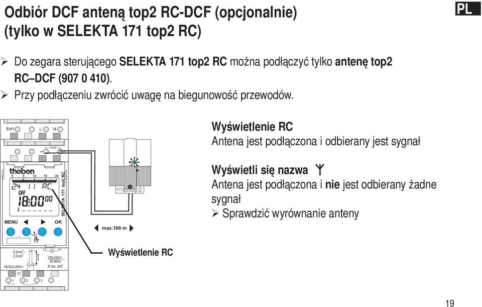 Ext1 L N DATA + Wyświetlenie RC Antena jest podłączona i odbierany jest sygnał 0 6 12 18 24 MENU OK 1 SELEKTA 171 top2 RC max.