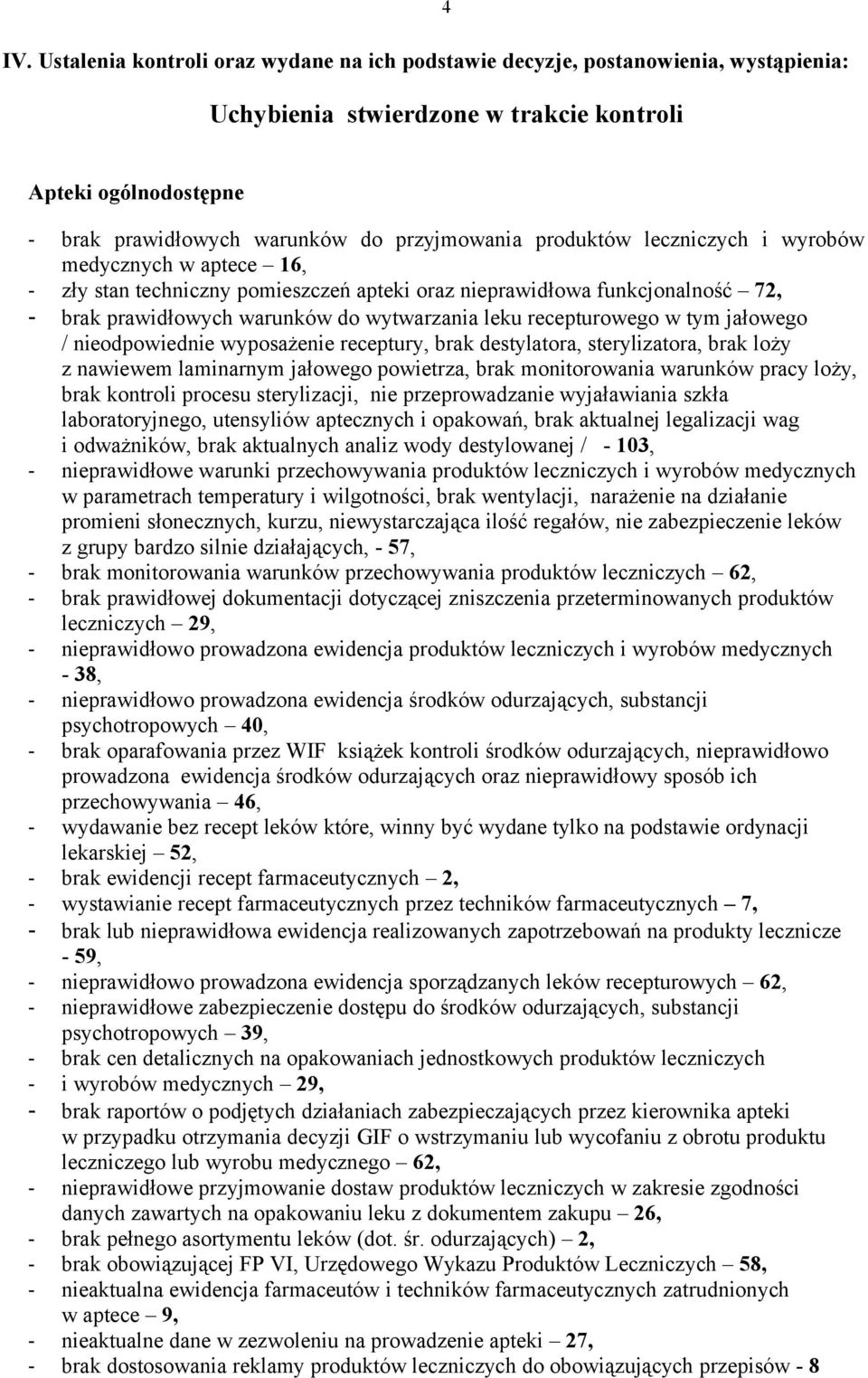 jałowego / nieodpowiednie wyposażenie receptury, brak destylatora, sterylizatora, brak loży z nawiewem laminarnym jałowego powietrza, brak monitorowania warunków pracy loży, brak kontroli procesu