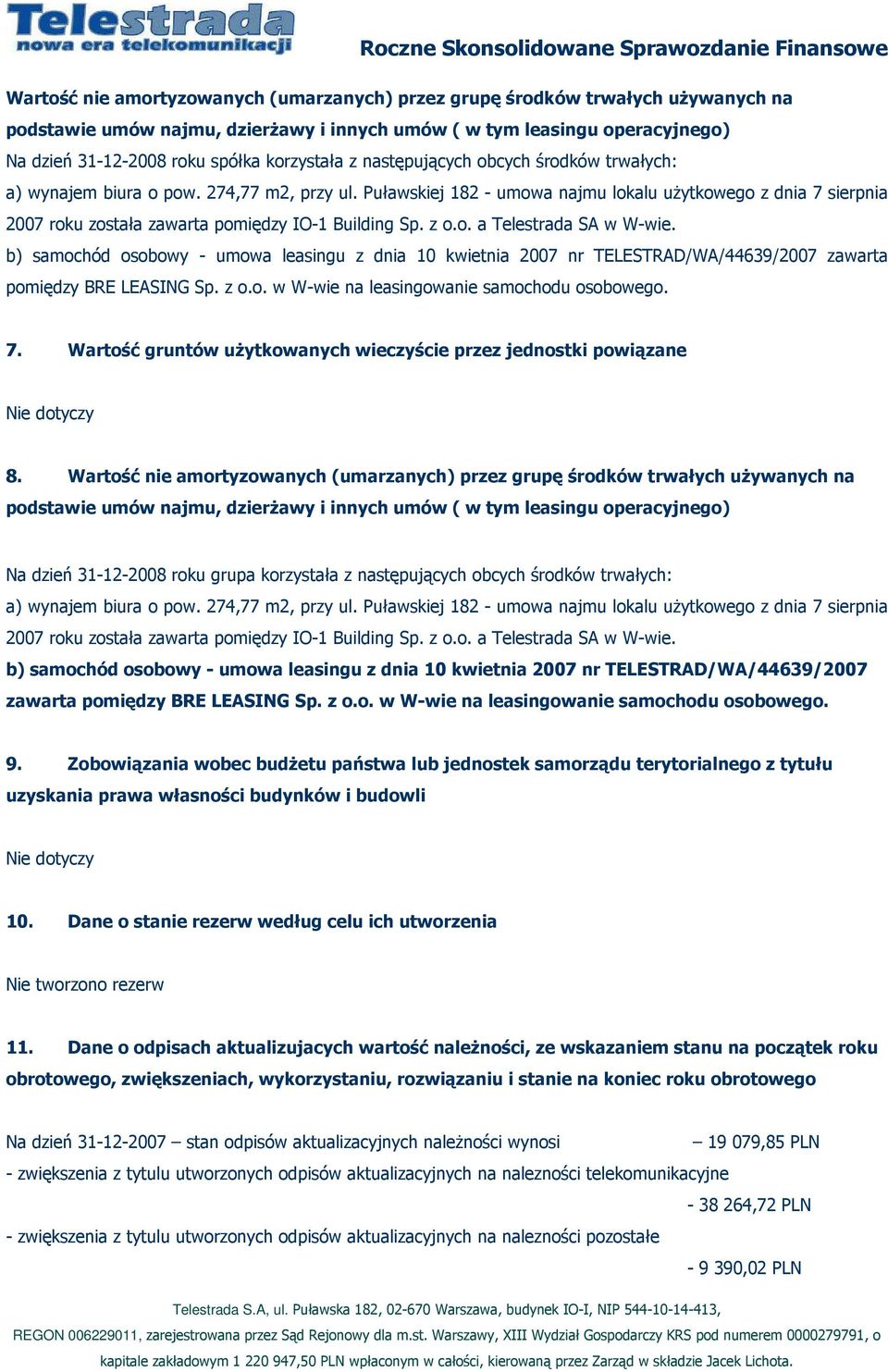 Puławskiej 182 - umowa najmu lokalu uŝytkowego z dnia 7 sierpnia 2007 roku została zawarta pomiędzy IO-1 Building Sp. z o.o. a Telestrada SA w W-wie.