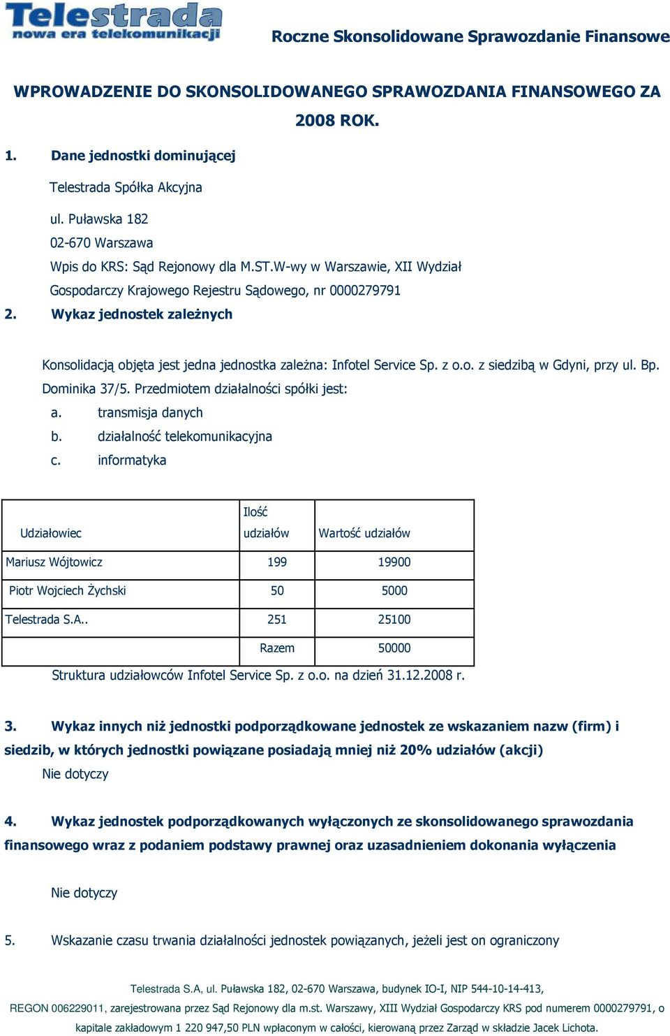 Wykaz jednostek zaleŝnych Konsolidacją objęta jest jedna jednostka zaleŝna: Infotel Service Sp. z o.o. z siedzibą w Gdyni, przy ul. Bp. Dominika 37/5. Przedmiotem działalności spółki jest: a.