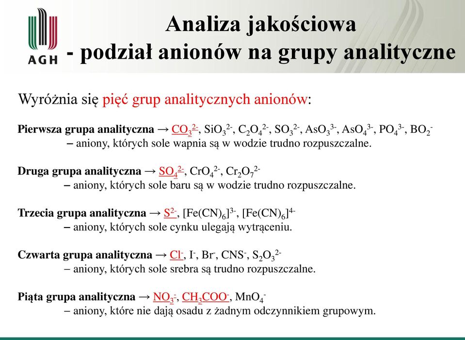 Druga grupa analityczna SO 4, CrO 4, Cr 2 O 7 aniony, których sole baru są w wodzie trudno rozpuszczalne.