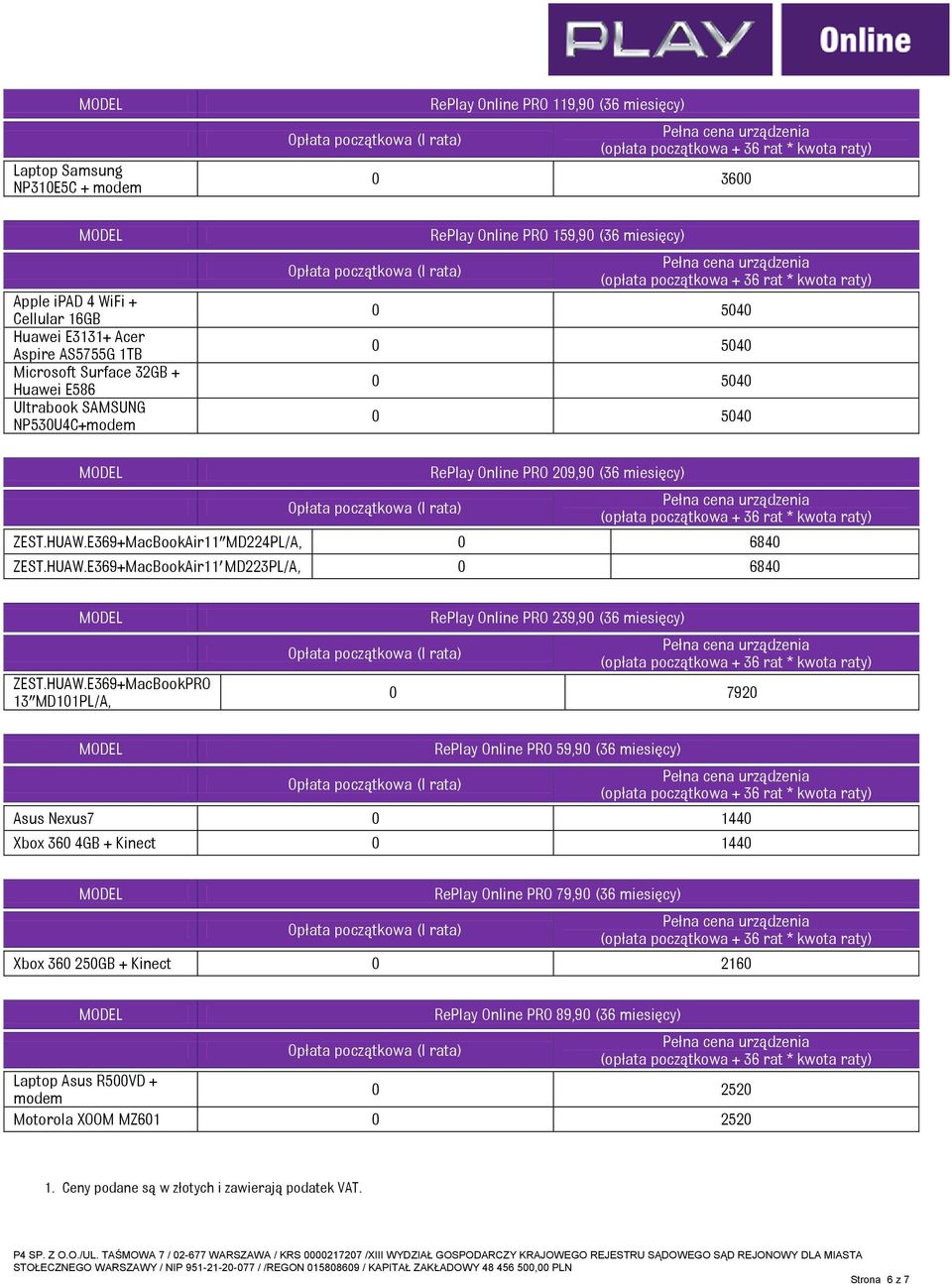 HUAW.E369+MacBookPRO 13"MD101PL/A, RePlay Online PRO 239,90 (36 miesięcy) 0 7920 RePlay Online PRO 59,90 (36 miesięcy) Asus Nexus7 Xbox 360 4GB + Kinect RePlay Online PRO 79,90 (36 miesięcy)