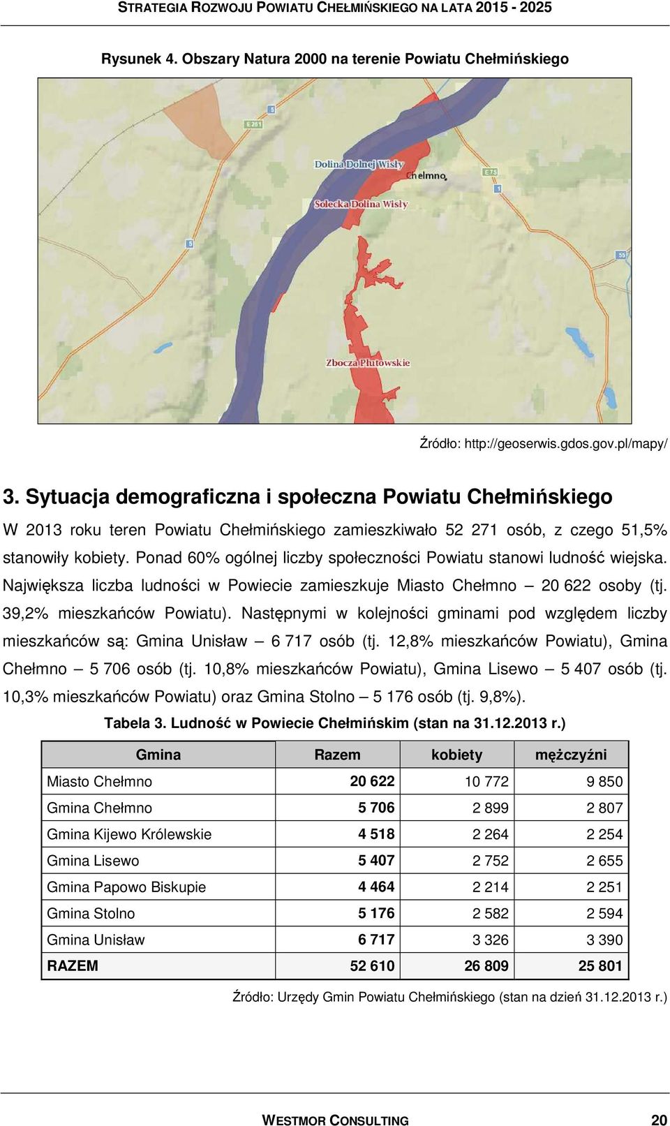 Ponad 60% ogólnej liczby społeczności Powiatu stanowi ludność wiejska. Największa liczba ludności w Powiecie zamieszkuje Miasto Chełmno 20 622 osoby (tj. 39,2% mieszkańców Powiatu).