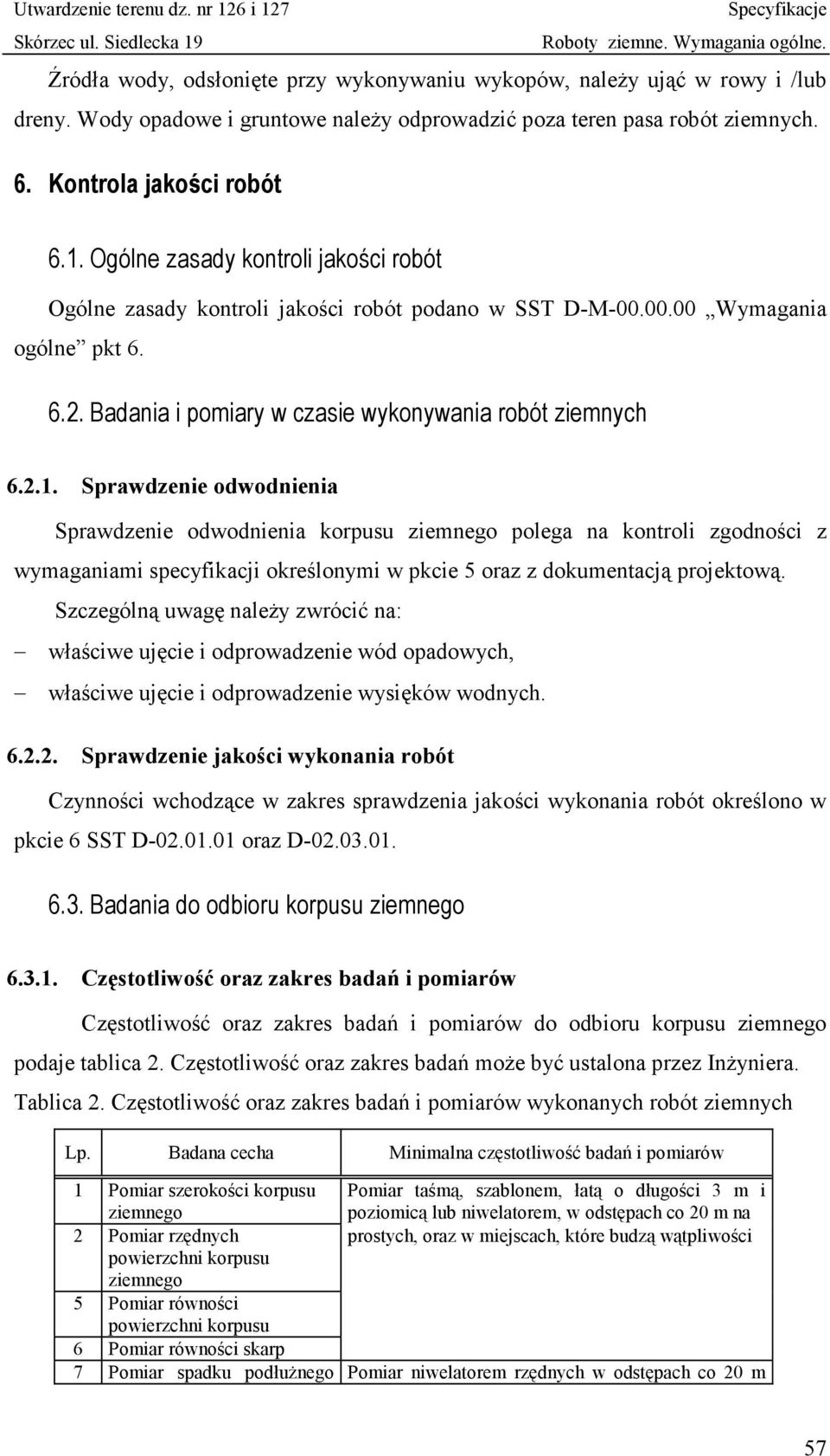 Sprawdzenie odwodnienia Sprawdzenie odwodnienia korpusu ziemnego polega na kontroli zgodności z wymaganiami specyfikacji określonymi w pkcie 5 oraz z dokumentacją projektową.