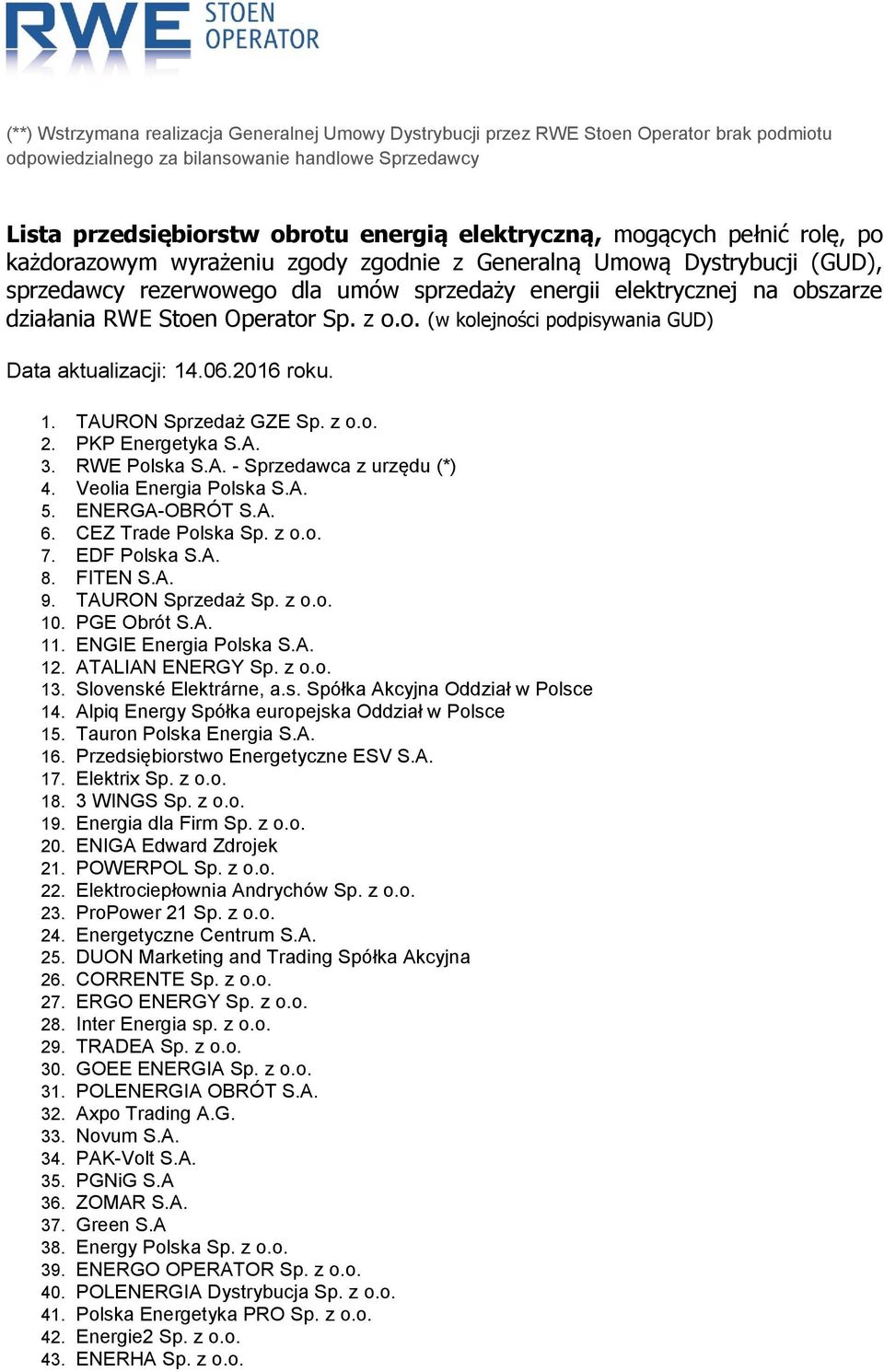 Operator Sp. z o.o. (w kolejności podpisywania GUD) Data aktualizacji: 14.06.2016 roku. 1. TAURON Sprzedaż GZE Sp. z o.o. 2. PKP Energetyka S.A. 3. RWE Polska S.A. - Sprzedawca z urzędu (*) 4.