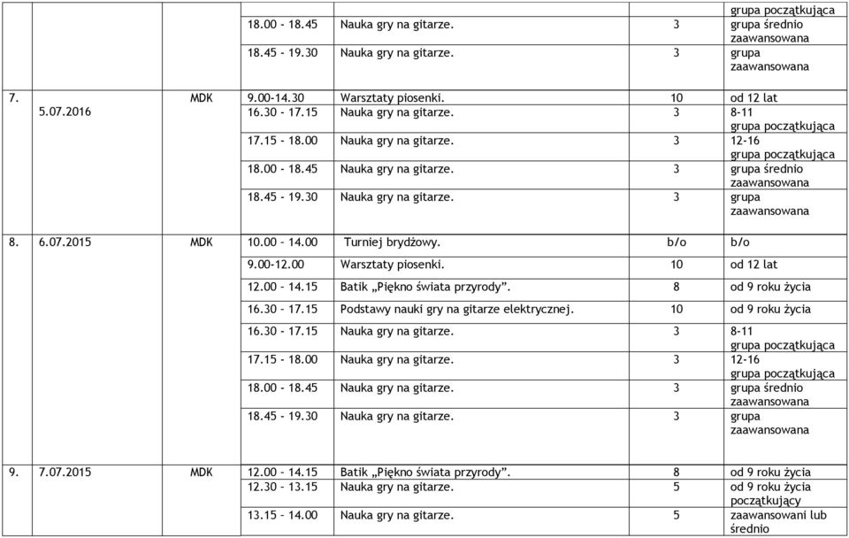 15 Podstawy nauki gry na gitarze elektrycznej. 10 od 9 roku życia 9. 7.07.2015 MDK 12.00 14.15 Batik Piękno świata przyrody.