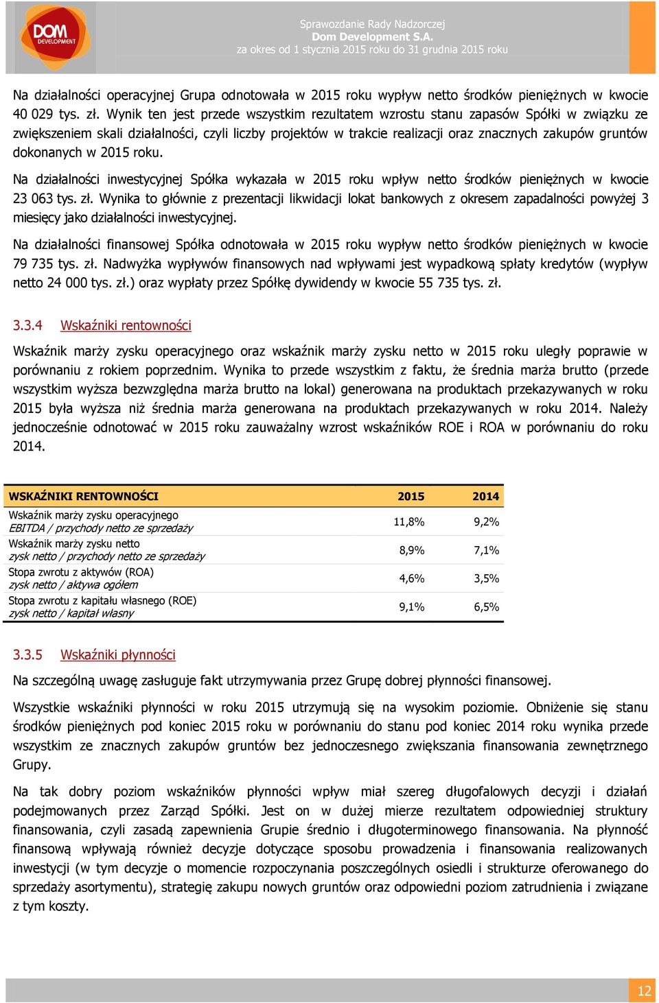 dokonanych w 2015 roku. Na działalności inwestycyjnej Spółka wykazała w 2015 roku wpływ netto środków pieniężnych w kwocie 23 063.