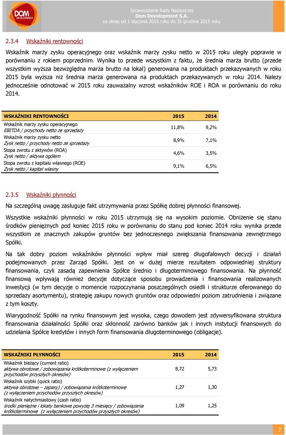 marża generowana na produktach przekazywanych w roku 2014. Należy jednocześnie odnotować w 2015 roku zauważalny wzrost wskaźników ROE i ROA w porównaniu do roku 2014.