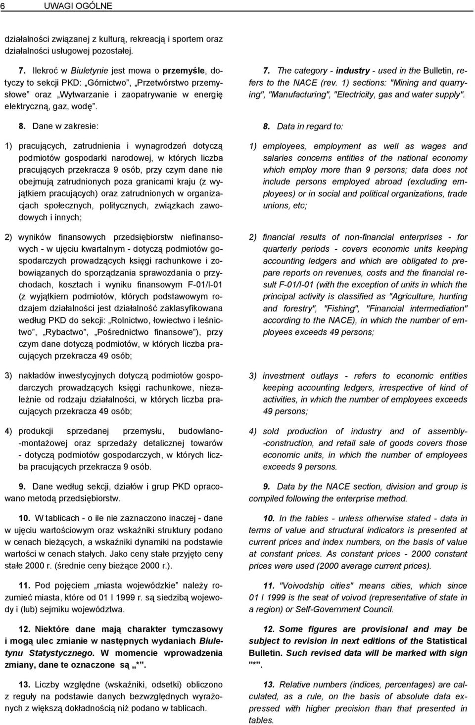 The category - industry - used in the Bulletin, refers to the NACE (rev. 1) sections: "Mining and quarrying", "Manufacturing", "Electricity, gas and water supply". 8. Dane w zakresie: 8.