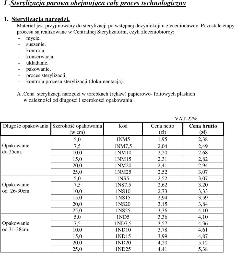 procesu sterylizacji (dokumentacja). A.Cena sterylizacji narzędzi w torebkach (rękaw) papierowo- foliowych płaskich w zaleŝności od długości i szerokości opakowania.