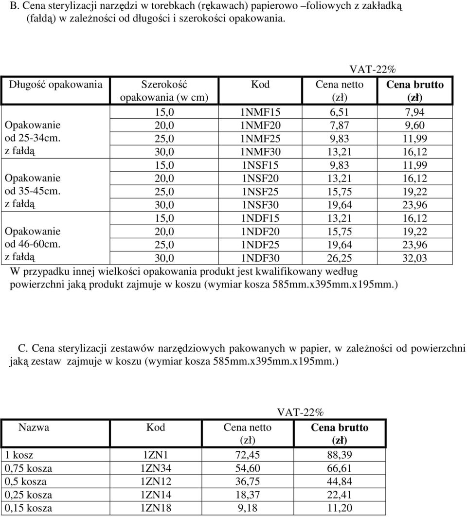 25,0 1NMF25 9,83 11,99 z fałdą 30,0 1NMF30 13,21 16,12 15,0 1NSF15 9,83 11,99 20,0 1NSF20 13,21 16,12 od 35-45cm.