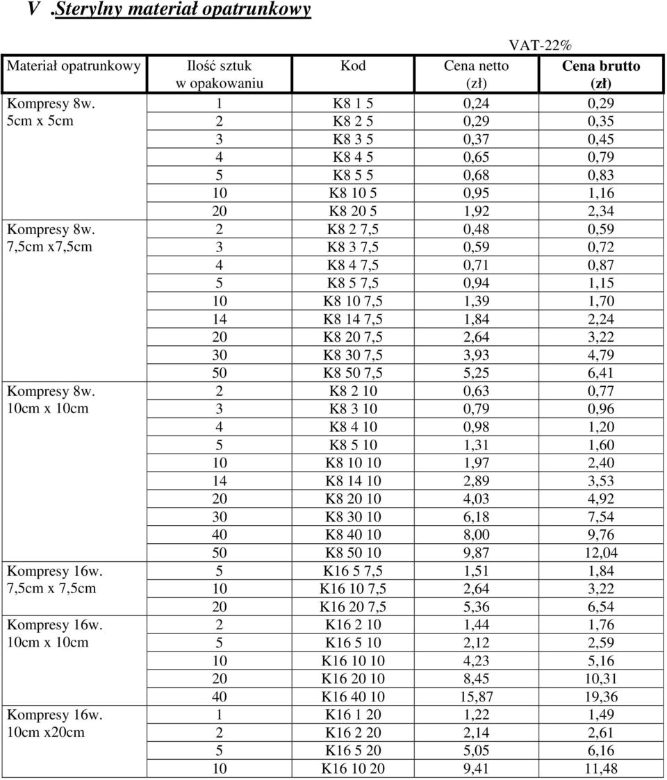 10cm x20cm Ilość sztuk Kod Cena netto w opakowaniu 1 K8 1 5 0,24 0,29 2 K8 2 5 0,29 0,35 3 K8 3 5 0,37 0,45 4 K8 4 5 0,65 0,79 5 K8 5 5 0,68 0,83 10 K8 10 5 0,95 1,16 20 K8 20 5 1,92 2,34 2 K8 2 7,5