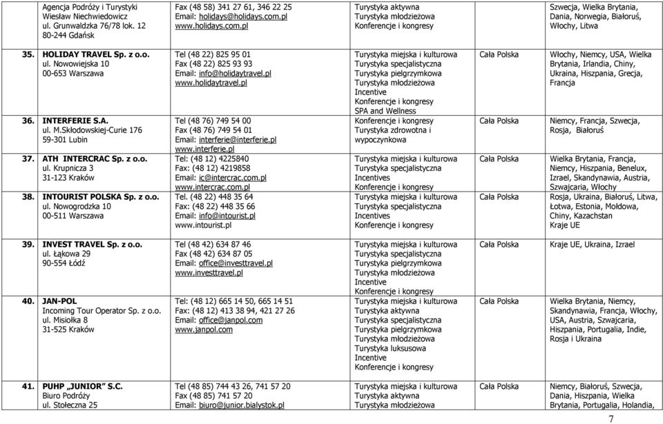 Skłodowskiej-Curie 176 59-301 Lubin 37. ATH INTERCRAC Sp. z o.o. ul. Krupnicza 3 31-123 Kraków 38. INTOURIST POLSKA Sp. z o.o. ul. Nowogrodzka 10 00-511 Warszawa Tel (48 22) 825 95 01 Fax (48 22) 825 93 93 Email: info@holidaytravel.