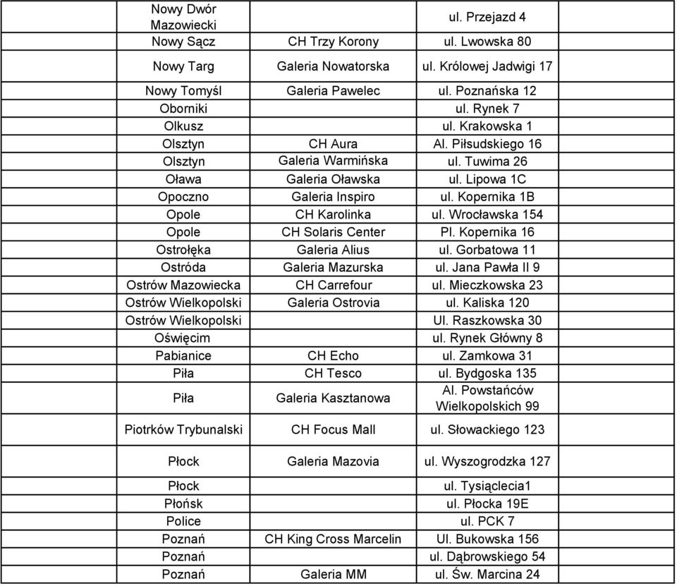 Kopernika 1B Opole CH Karolinka ul. Wrocławska 154 Opole CH Solaris Center Pl. Kopernika 16 Ostrołęka Galeria Alius ul. Gorbatowa 11 Ostróda Galeria Mazurska ul.