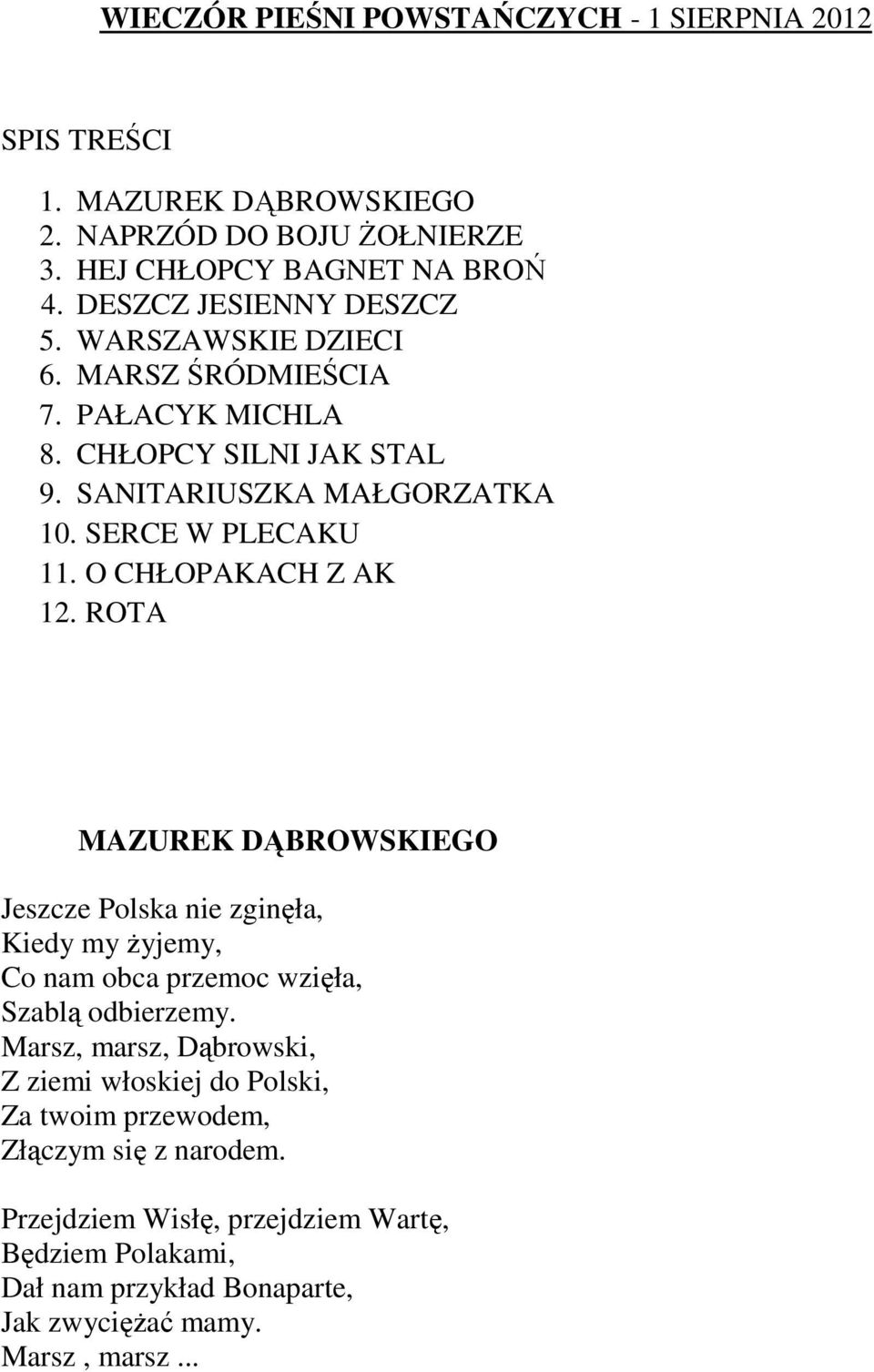O CHŁOPAKACH Z AK 12. ROTA MAZUREK DĄBROWSKIEGO Jeszcze Polska nie zginęła, Kiedy my Ŝyjemy, Co nam obca przemoc wzięła, Szablą odbierzemy.