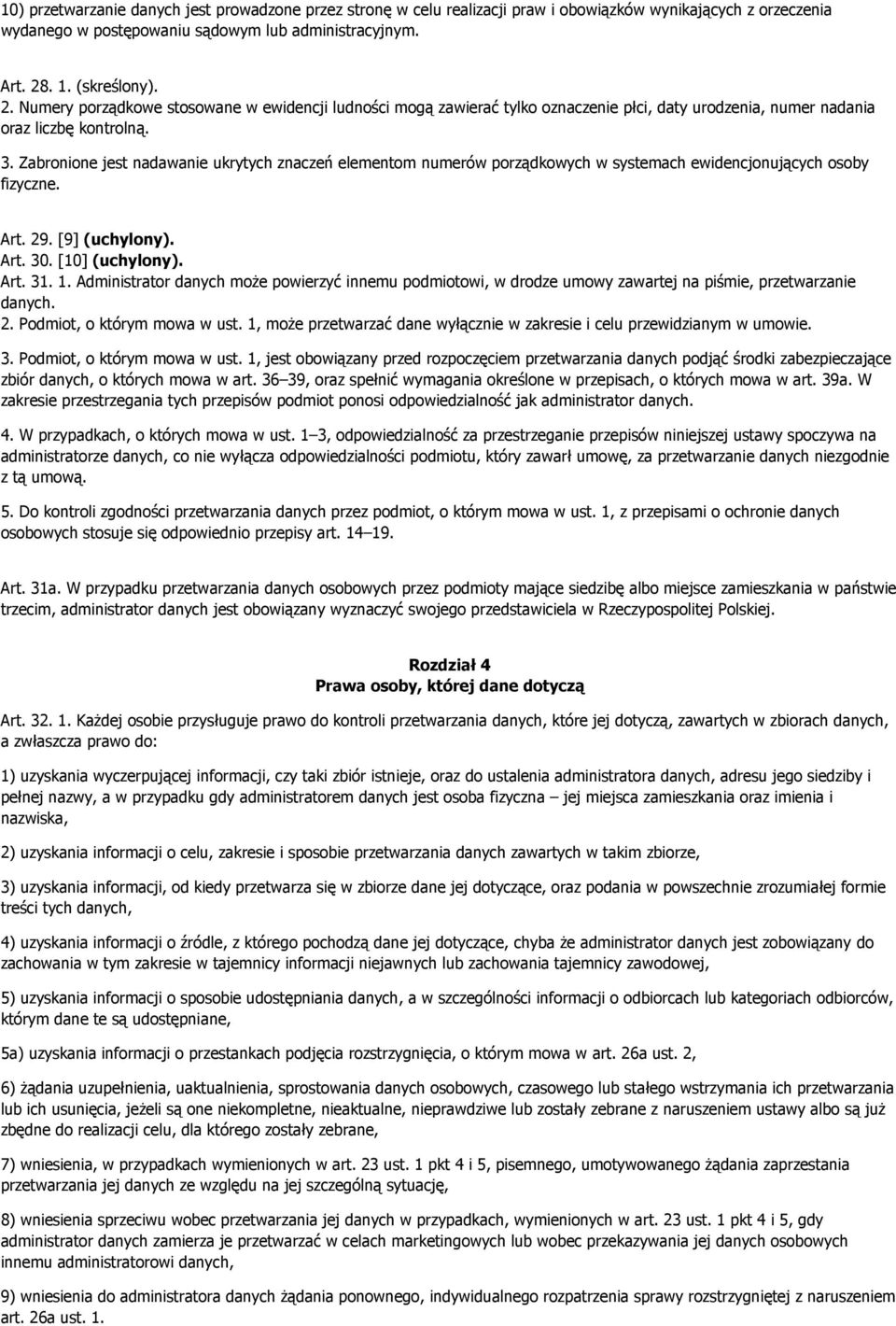 Zabronione jest nadawanie ukrytych znaczeń elementom numerów porządkowych w systemach ewidencjonujących osoby fizyczne. Art. 29. [9] (uchylony). Art. 30. [10] (uchylony). Art. 31. 1.