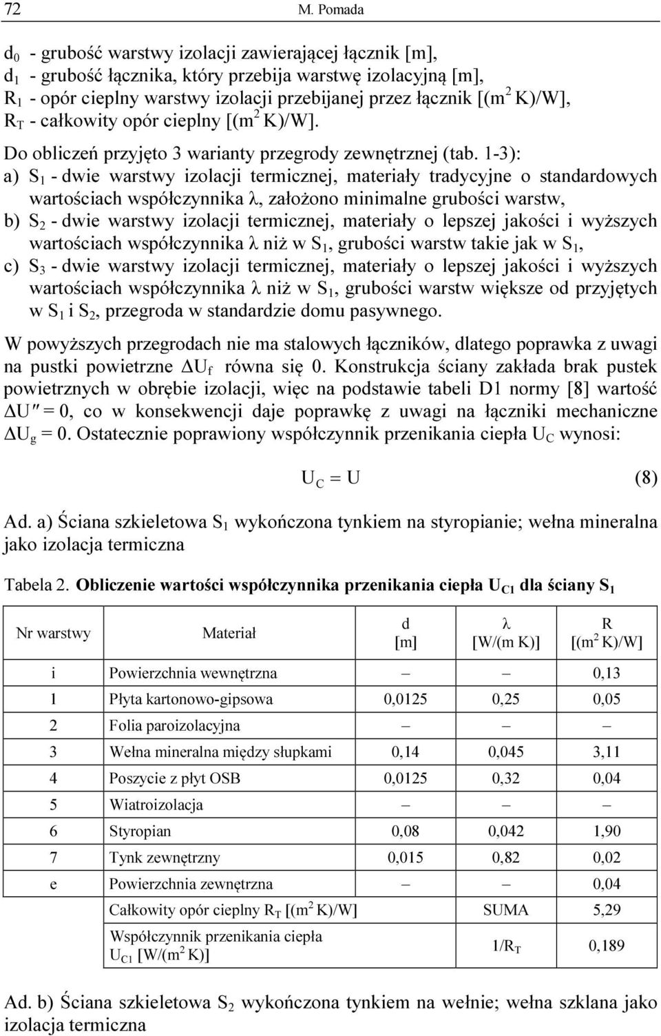 1-3): a) S 1 - dwie warstwy izolacji termicznej, materiały tradycyjne o standardowych wartościach współczynnika λ, założono minimalne grubości warstw, b) S 2 - dwie warstwy izolacji termicznej,