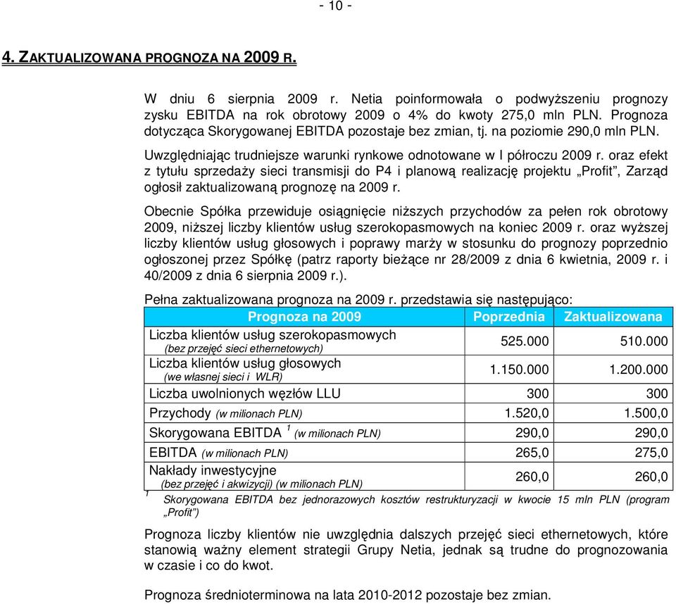 oraz efekt z tytułu sprzedaŝy sieci transmisji do P4 i planową realizację projektu Profit, Zarząd ogłosił zaktualizowaną prognozę na 29 r.