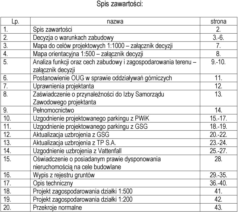 Zaświadczenie o przynaleŝności do Izby Samorządu 13. Zawodowego projektanta 9. Pełnomocnictwo 14. 10. Uzgodnienie projektowanego parkingu z PWiK 15.-17. 11.