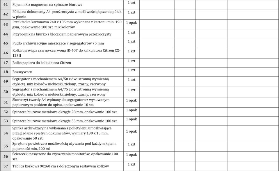 mix kolorów 44 Przybornik na biurko z bloczkiem papierowym przeźroczysty 45 Pudło archiwizacyjne mieszczące 7 segregatorów 75 mm 46 Rolka barwiąca czarno-czerwona IR-40T do kalkulatora Citizen CX-