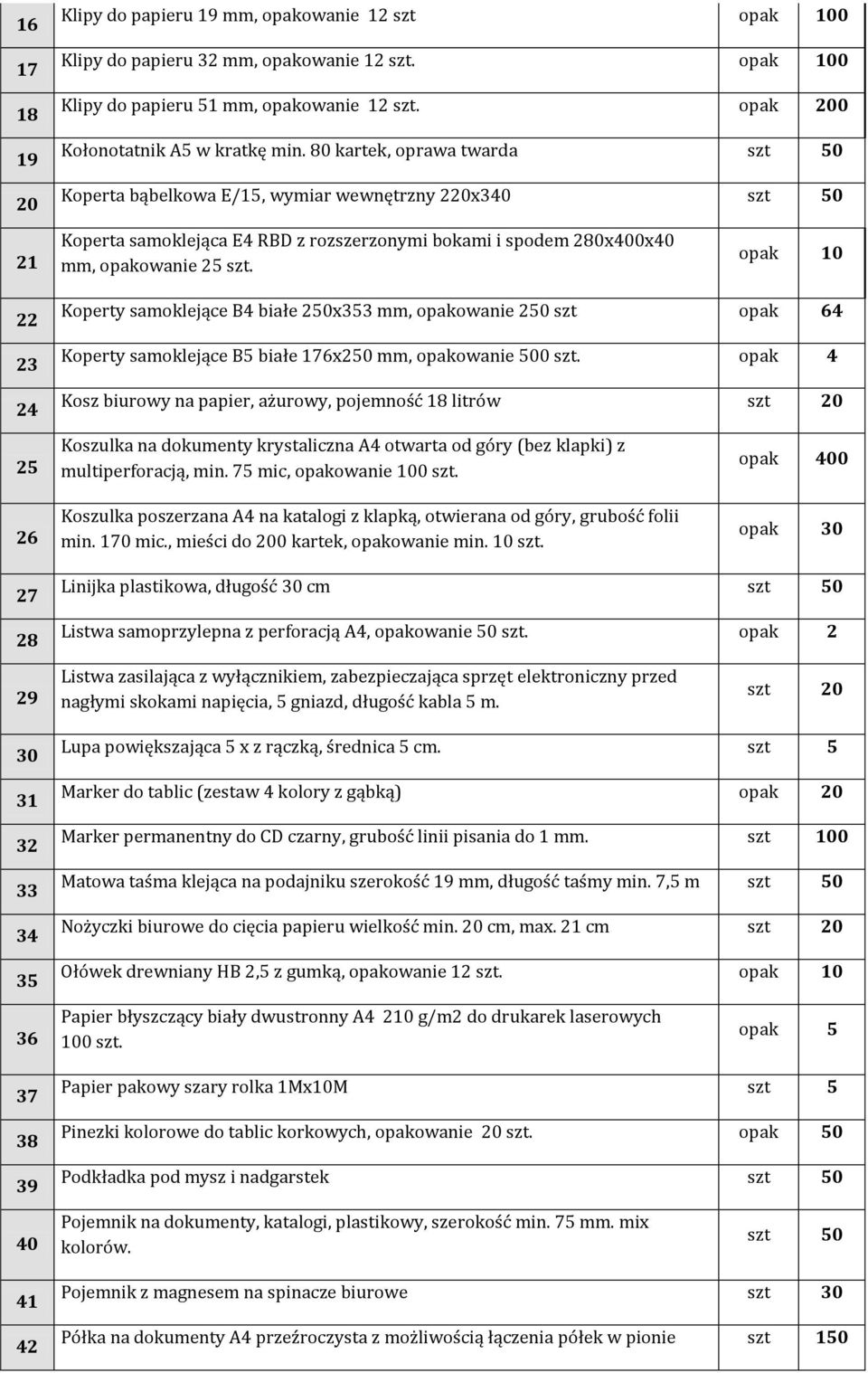 opak 10 22 23 24 Koperty samoklejące B4 białe 250x353 mm, opakowanie 250 szt opak 64 Koperty samoklejące B5 białe 176x250 mm, opakowanie 500 szt.