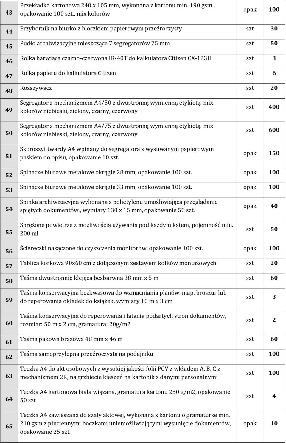 IR-40T do kalkulatora Citizen CX-123II szt 3 Rolka papieru do kalkulatora Citizen szt 6 Rozszywacz szt 20 49 50 51 Segregator z mechanizmem A4/50 z dwustronną wymienną etykietą.