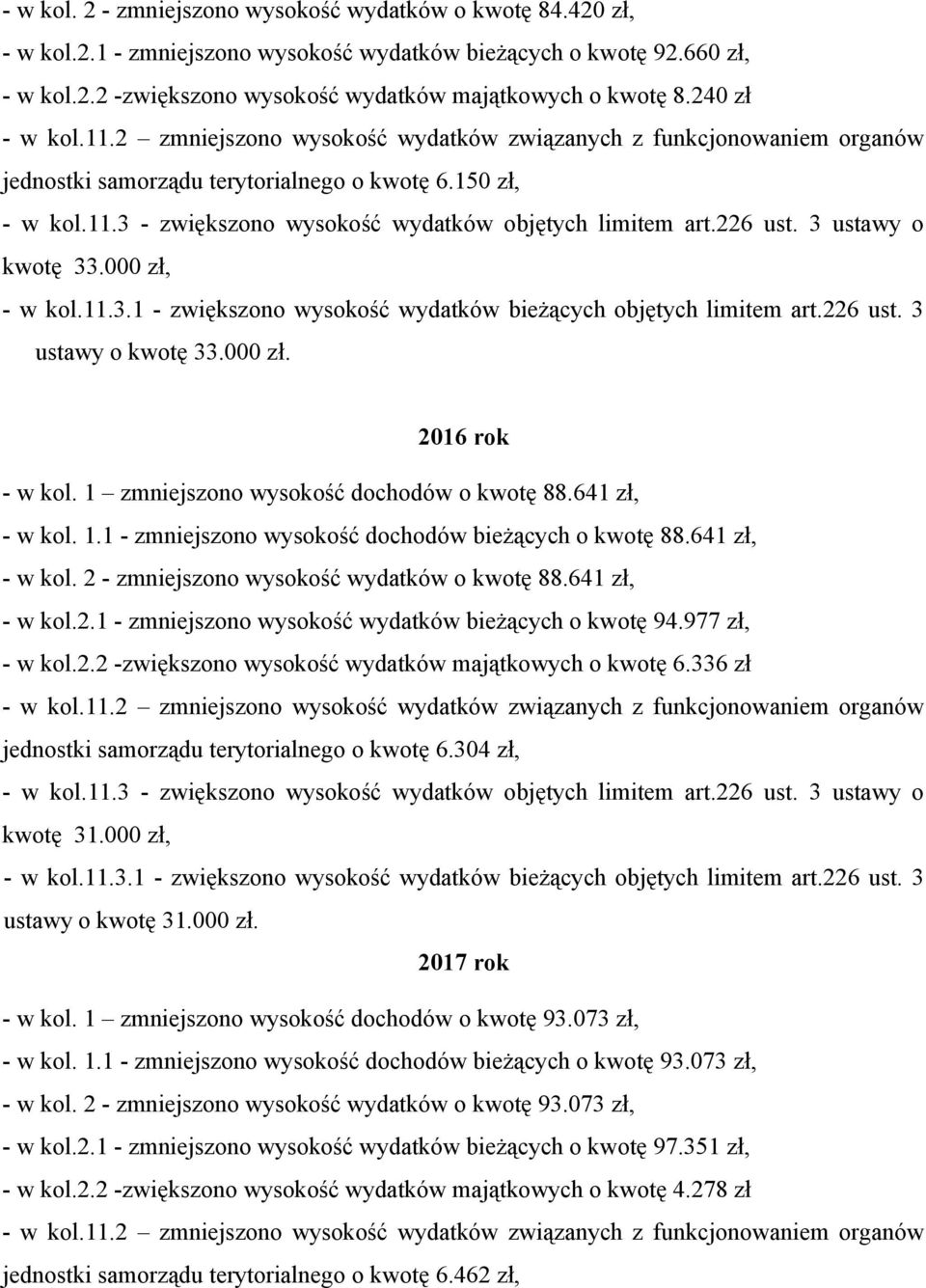 641 zł, - w kol. 2 - zmniejszono wysokość wydatków o kwotę 88.641 zł, - w kol.2.1 - zmniejszono wysokość wydatków bieżących o kwotę 94.977 zł, - w kol.2.2 -zwiększono wysokość wydatków majątkowych o kwotę 6.