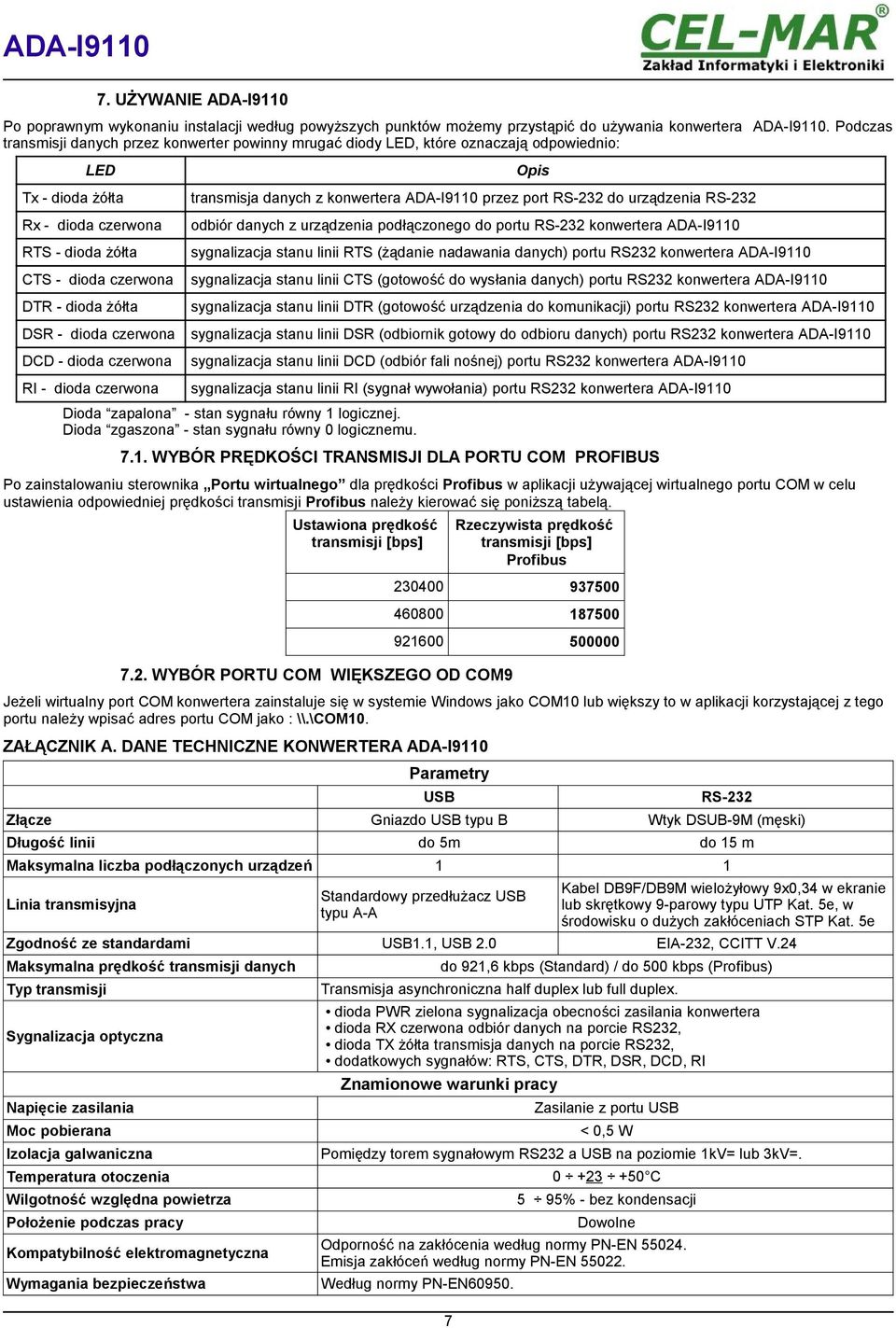 - dioda czerwona DCD - dioda czerwona Opis transmisja danych z konwertera ADA-I9110 przez port RS-232 do urządzenia RS-232 odbiór danych z urządzenia podłączonego do portu RS-232 konwertera ADA-I9110