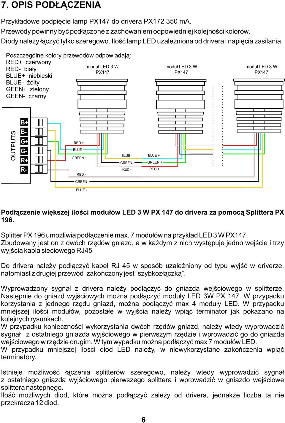 Poszczególne kolory przewodów odpowiadają: RED+ czerwony moduł LED 3 W RED- biały PX147 BLUE+ niebieski BLUE- żółty GEEN+ zielony GEEN- czarny moduł LED 3 W PX147 moduł LED 3 W PX147 B+ B- G+ G- R+