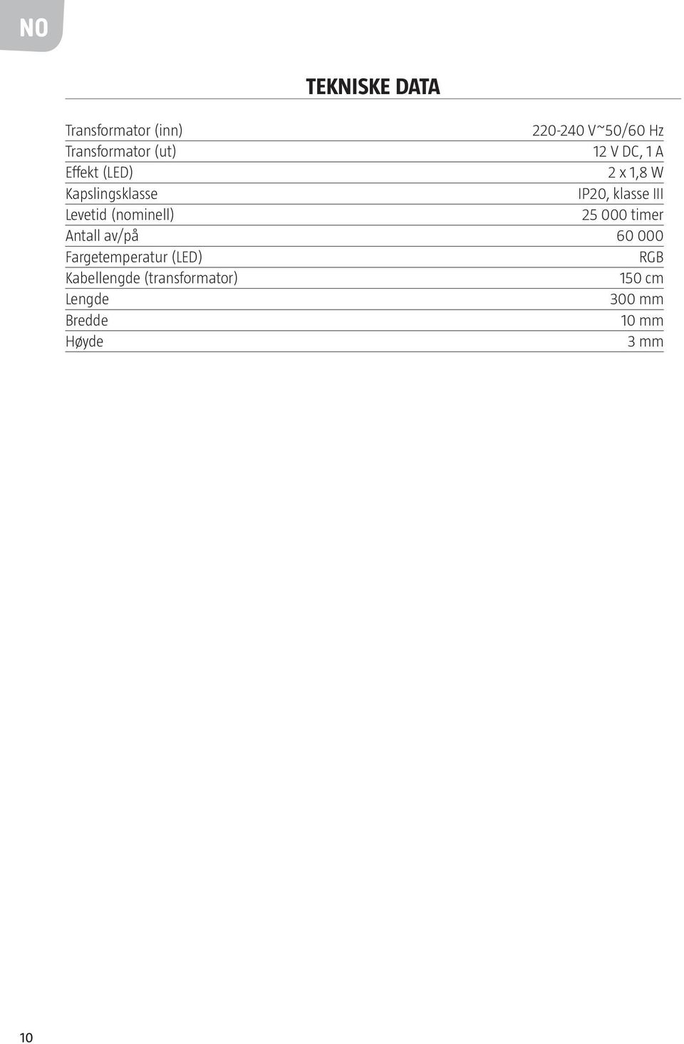 Levetid (nominell) 25 000 timer Antall av/på 60 000 Fargetemperatur (LED)