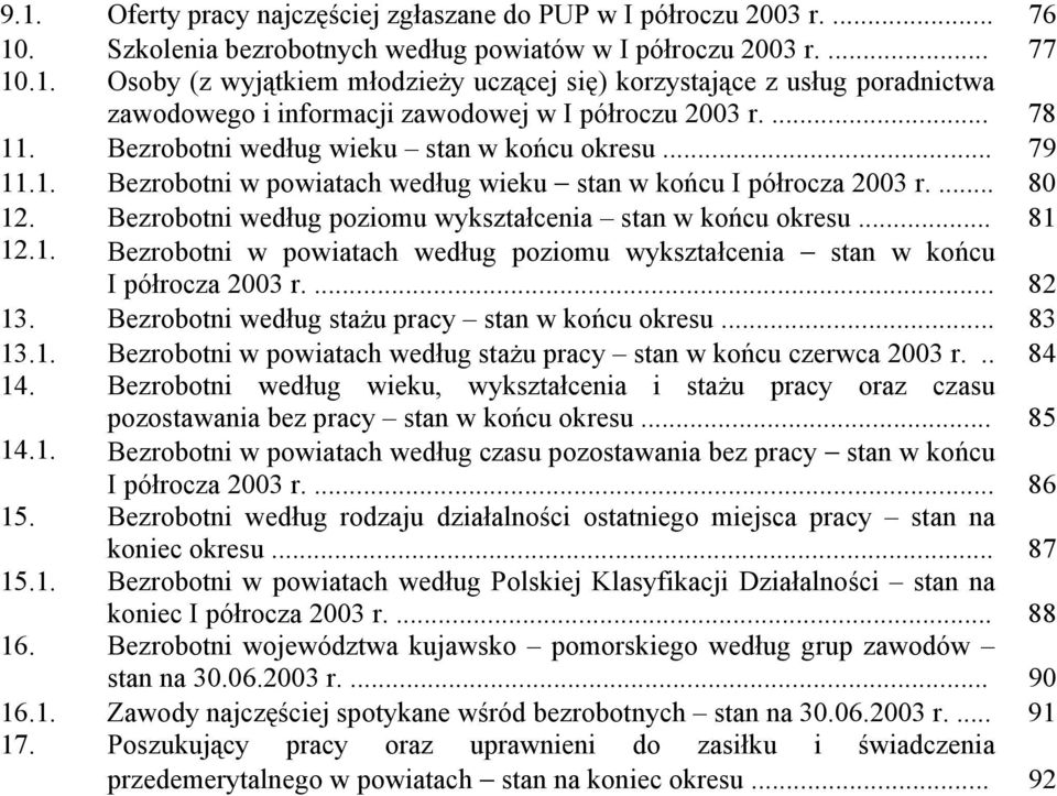 Bezrobotni według poziomu wykształcenia stan w końcu okresu... 81 12.1. Bezrobotni w powiatach według poziomu wykształcenia stan w końcu I półrocza 2003 r.... 82 13.