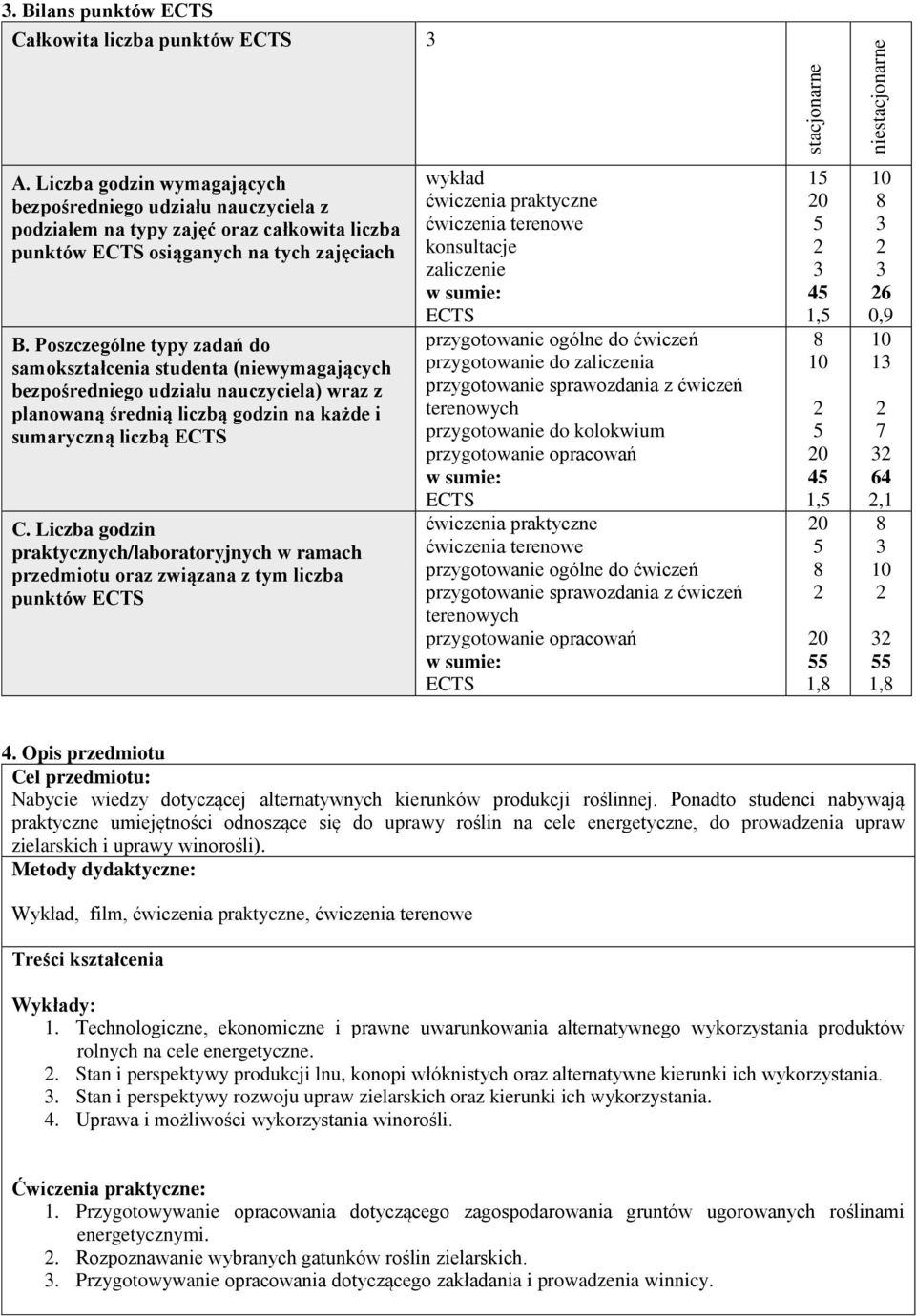 Poszczególne typy zadań do samokształcenia studenta (niewymagających bezpośredniego udziału nauczyciela) wraz z planowaną średnią liczbą godzin na każde i sumaryczną liczbą C.