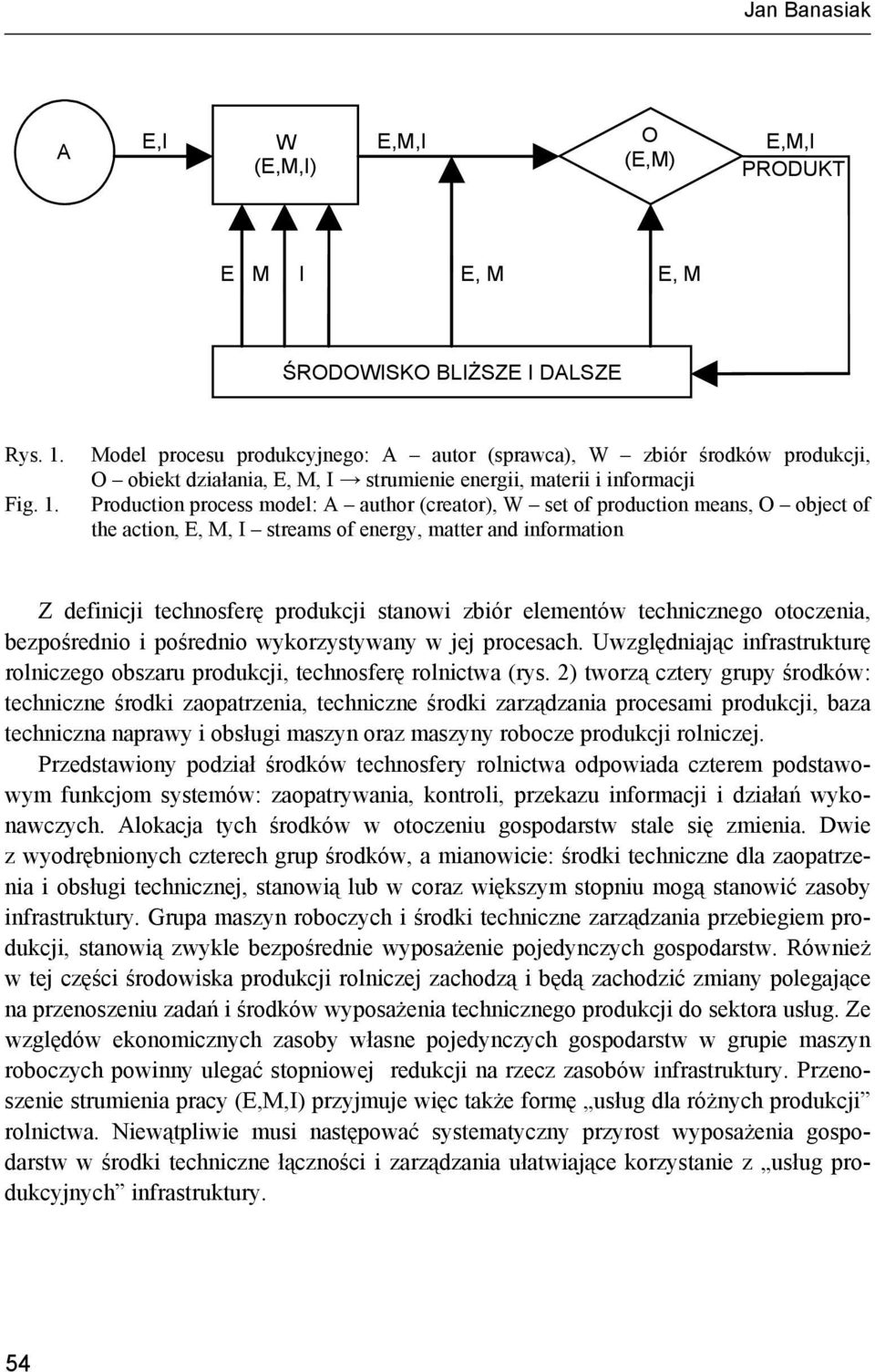 Production process model: A author (creator), W set of production means, O object of the action, E, M, I streams of energy, matter and information Z definicji technosferę produkcji stanowi zbiór