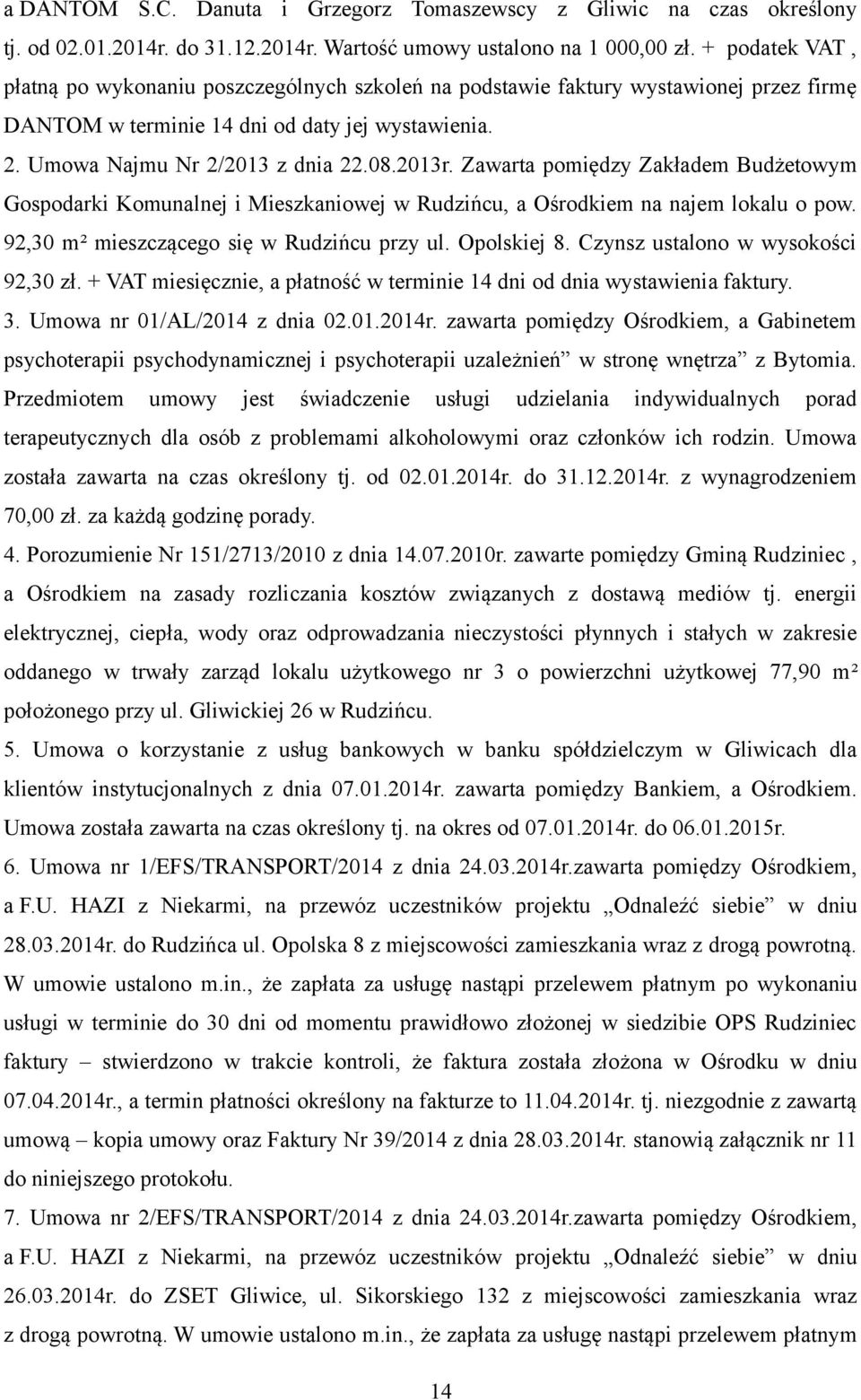 Zawarta pomiędzy Zakładem Budżetowym Gospodarki Komunalnej i Mieszkaniowej w Rudzińcu, a Ośrodkiem na najem lokalu o pow. 92,30 m² mieszczącego się w Rudzińcu przy ul. Opolskiej 8.