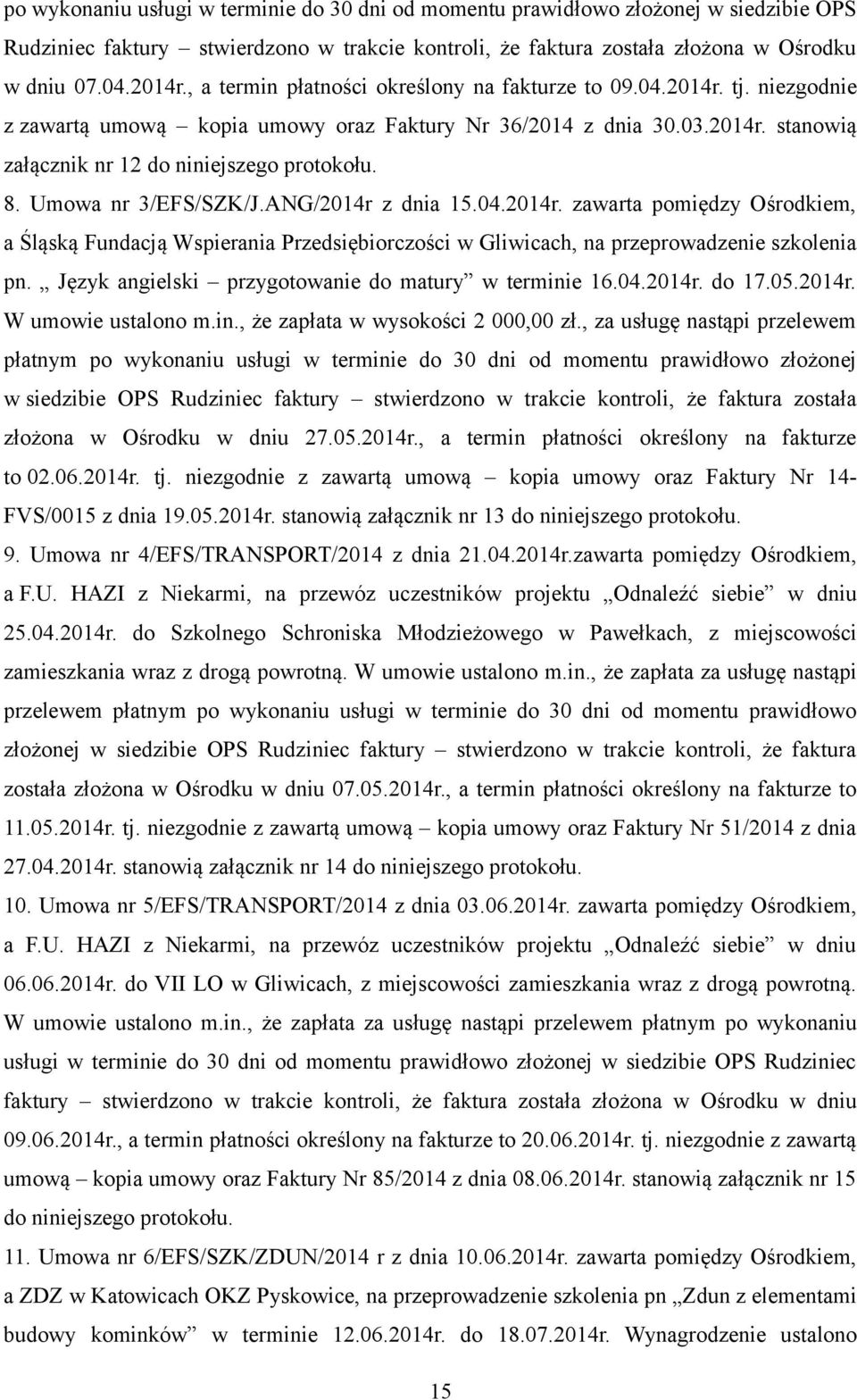 Umowa nr 3/EFS/SZK/J.ANG/2014r z dnia 15.04.2014r. zawarta pomiędzy Ośrodkiem, a Śląską Fundacją Wspierania Przedsiębiorczości w Gliwicach, na przeprowadzenie szkolenia pn.