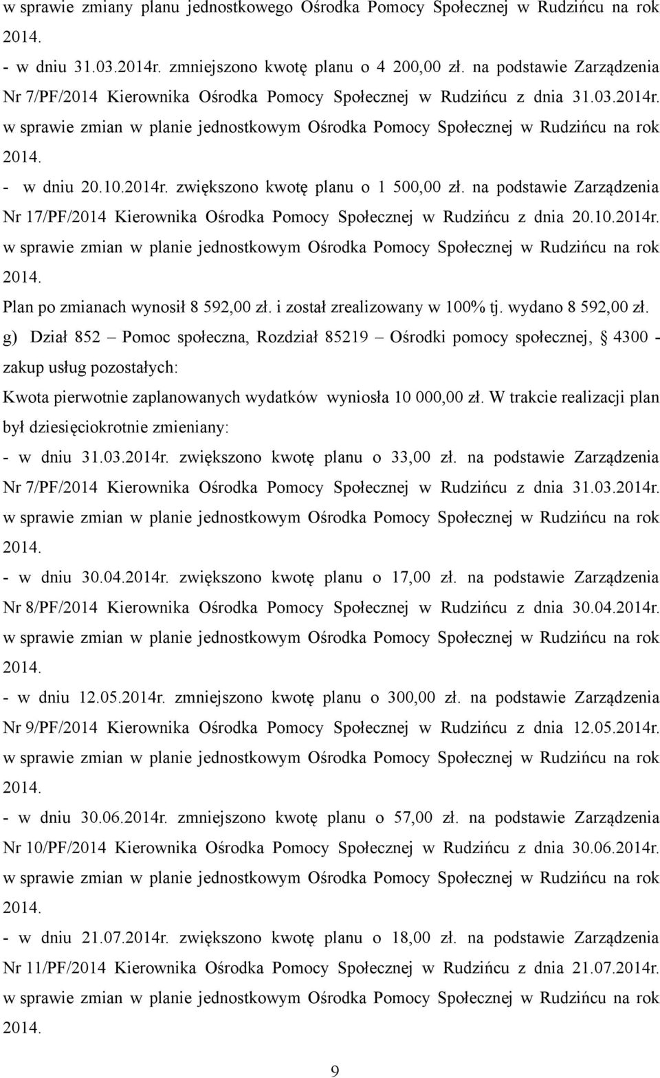 na podstawie Zarządzenia Nr 17/PF/2014 Kierownika Ośrodka Pomocy Społecznej w Rudzińcu z dnia 20.10.2014r. Plan po zmianach wynosił 8 592,00 zł. i został zrealizowany w 100% tj. wydano 8 592,00 zł.