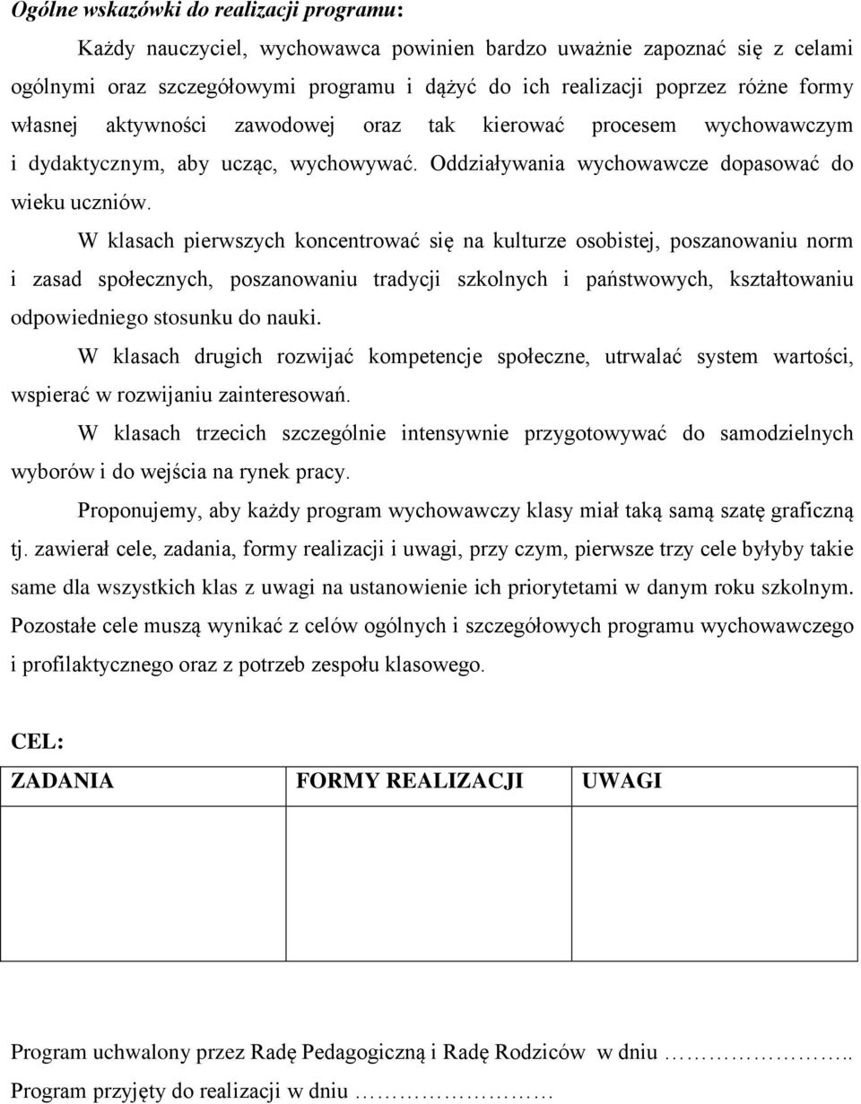 W klasach pierwszych koncentrować się na kulturze osobistej, poszanowaniu norm i zasad społecznych, poszanowaniu tradycji szkolnych i państwowych, kształtowaniu odpowiedniego stosunku do nauki.