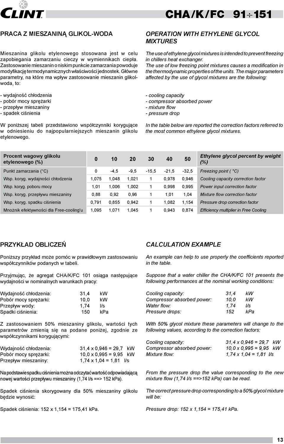 Główne parametry, na które ma wpływ zastosowanie mieszanin glikolwoda, to: - wydajność chłodzenia - pobór mocy sprężarki - przepływ mieszaniny - spadek ciśnienia W poniższej tabeli przedstawiono