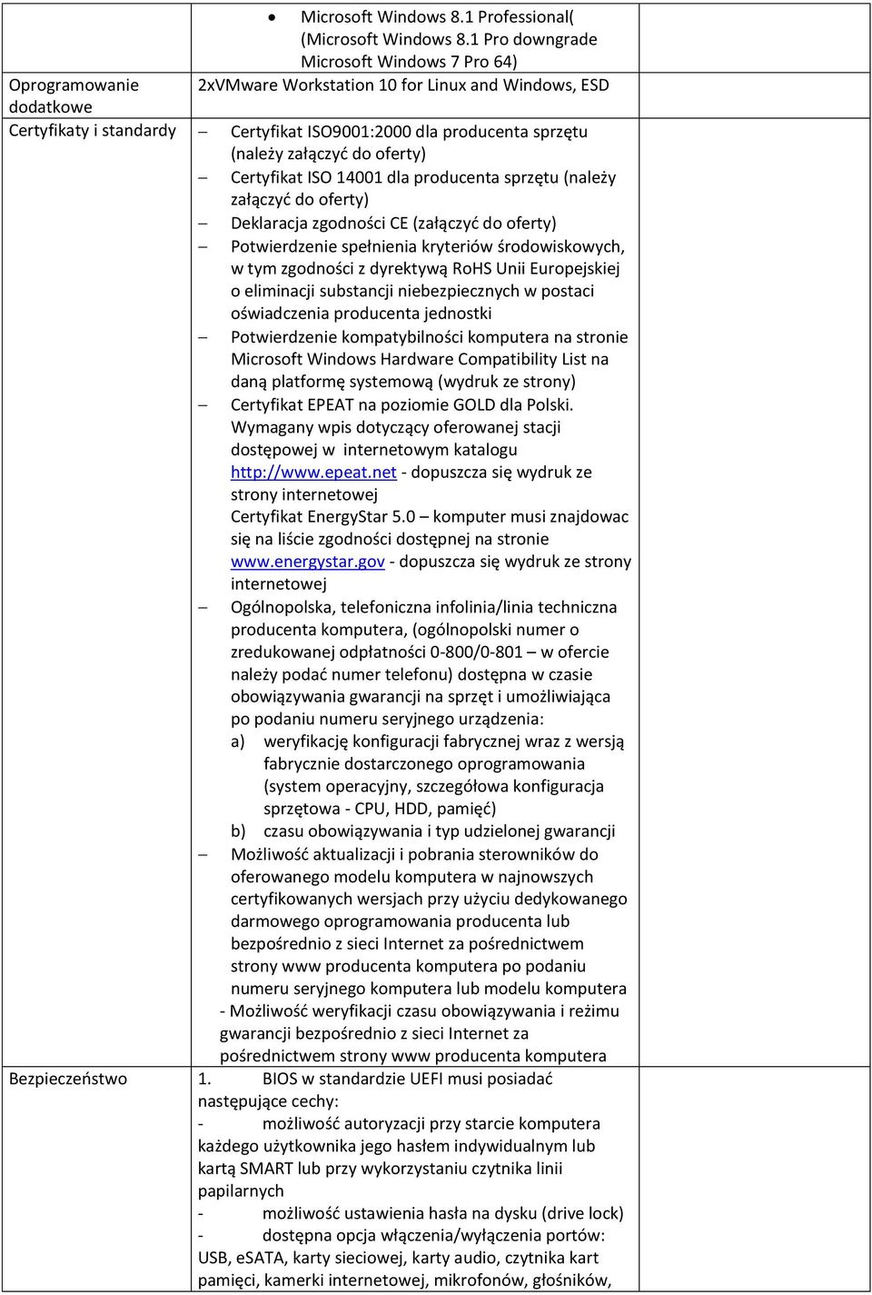 załączyć do oferty) Certyfikat ISO 14001 dla producenta sprzętu (należy załączyć do oferty) Deklaracja zgodności CE (załączyć do oferty) Potwierdzenie spełnienia kryteriów środowiskowych, w tym