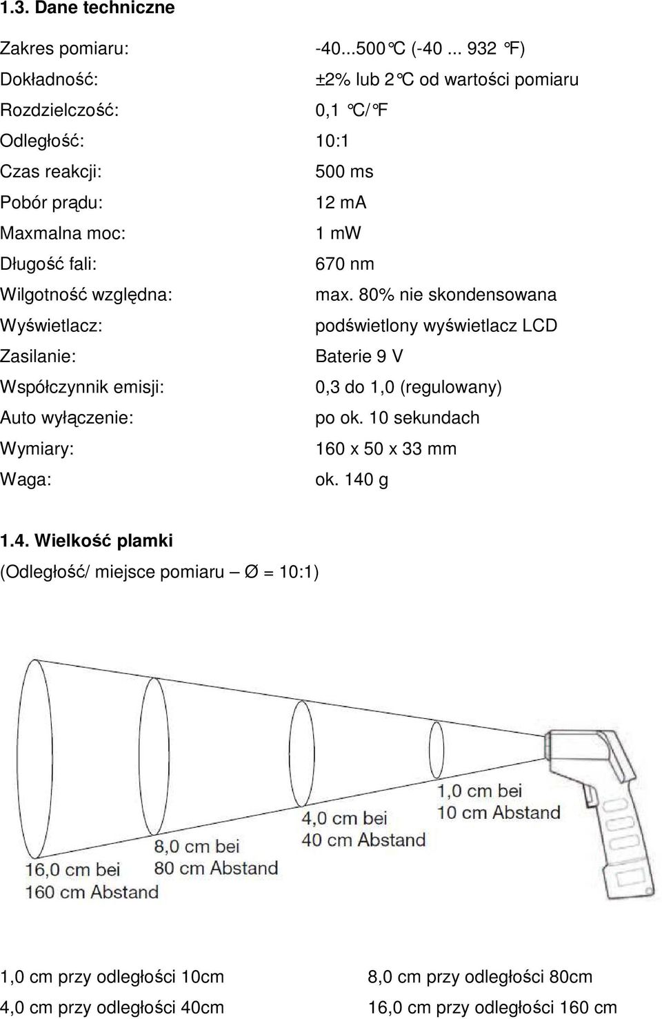 Długość fali: 670 nm Wilgotność względna: max.