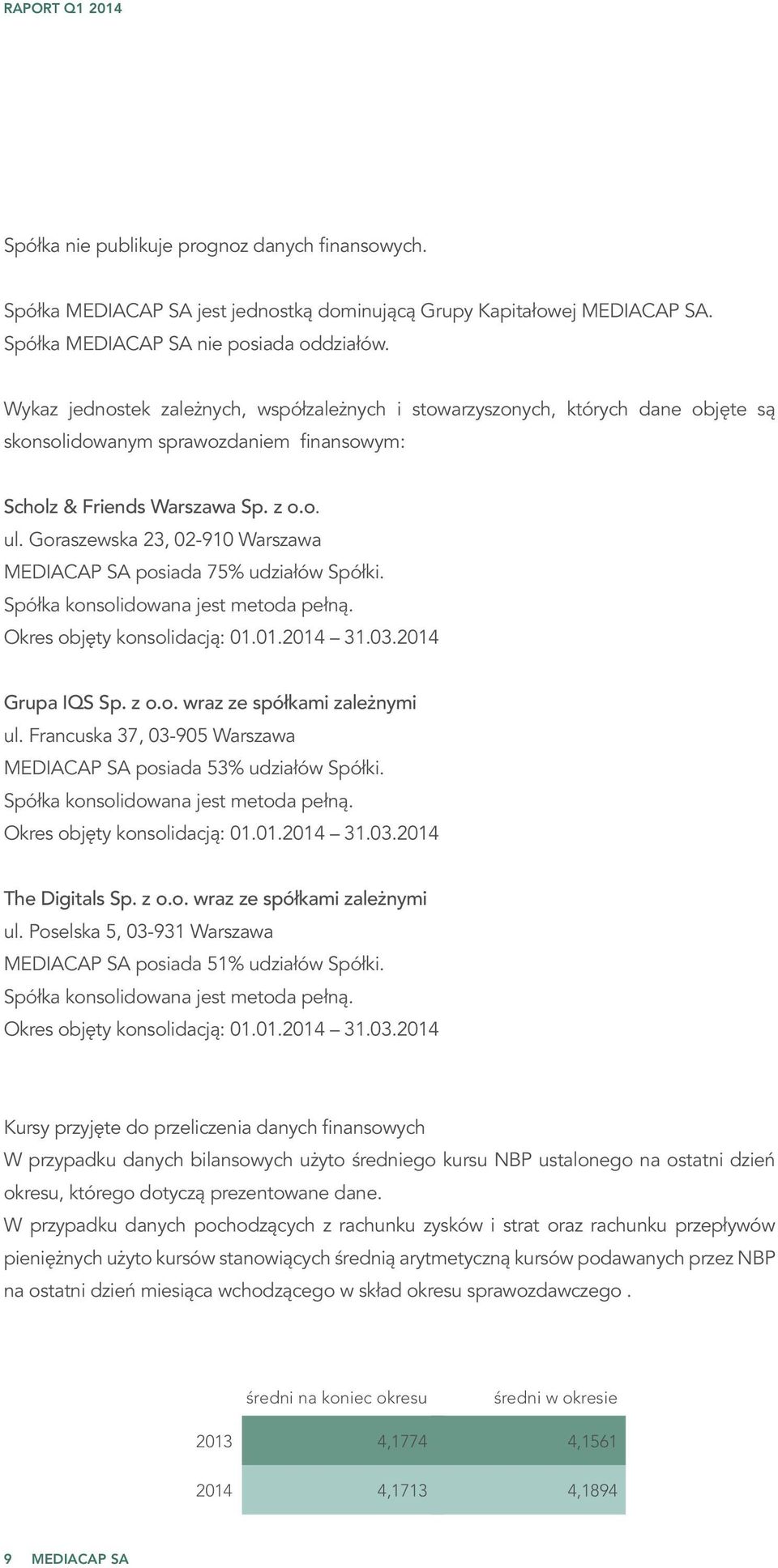 Goraszewska 23, 02-910 Warszawa MEDIACAP SA posiada 75% udziałów Spółki. Spółka konsolidowana jest metoda pełną. Okres objęty konsolidacją: 01.01.2014 31.03.2014 Grupa IQS Sp. z o.o. wraz ze spółkami zależnymi ul.
