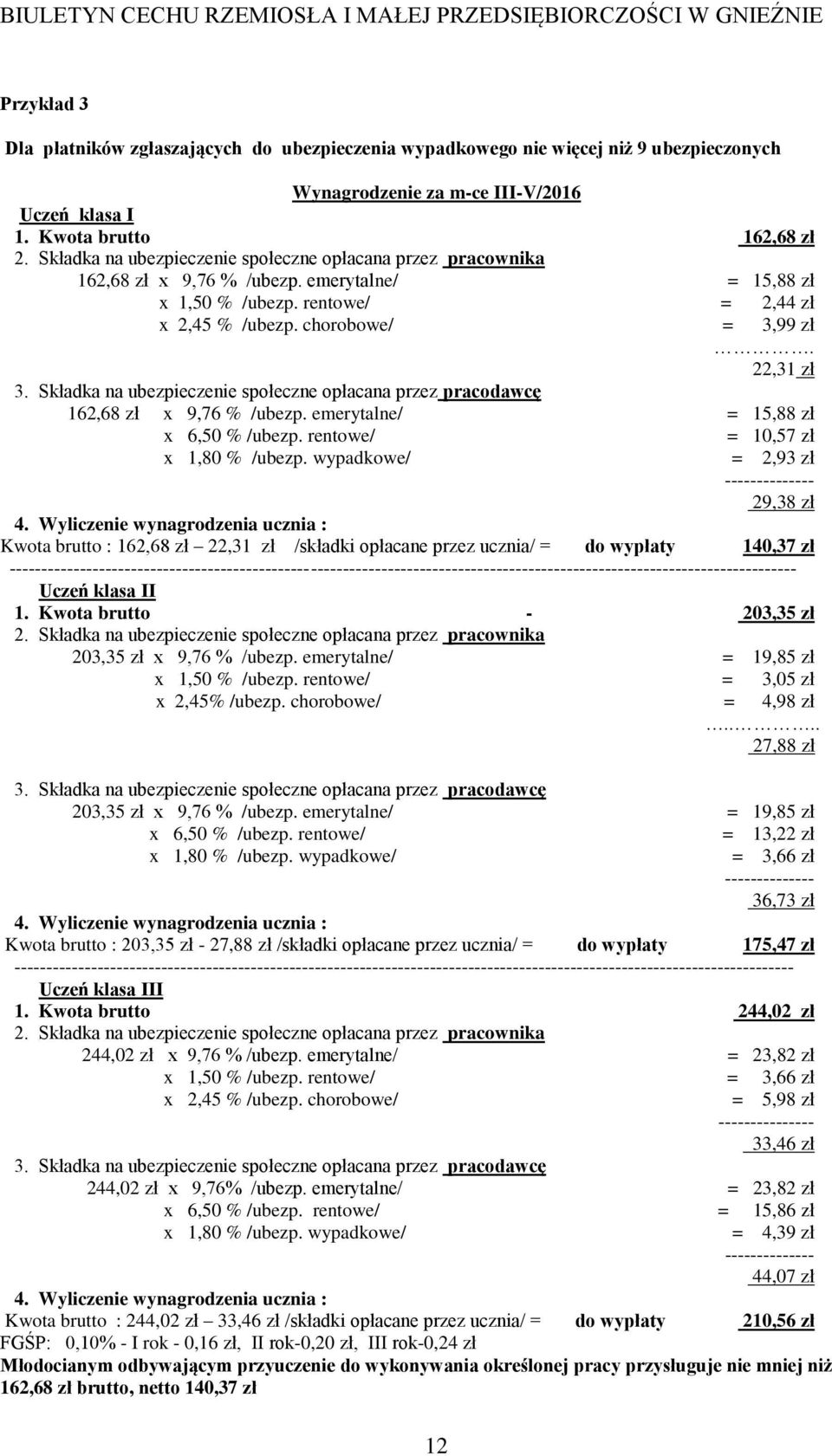 Składka na ubezpieczenie społeczne opłacana przez pracodawcę 162,68 zł x 9,76 % /ubezp. emerytalne/ = 15,88 zł x 6,50 % /ubezp. rentowe/ = 10,57 zł x 1,80 % /ubezp.