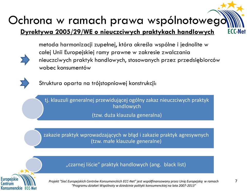 Struktura oparta na trójstopniowej konstrukcji: tj. klauzuli generalnej przewidującej ogólny zakaz nieuczciwych praktyk handlowych (tzw.