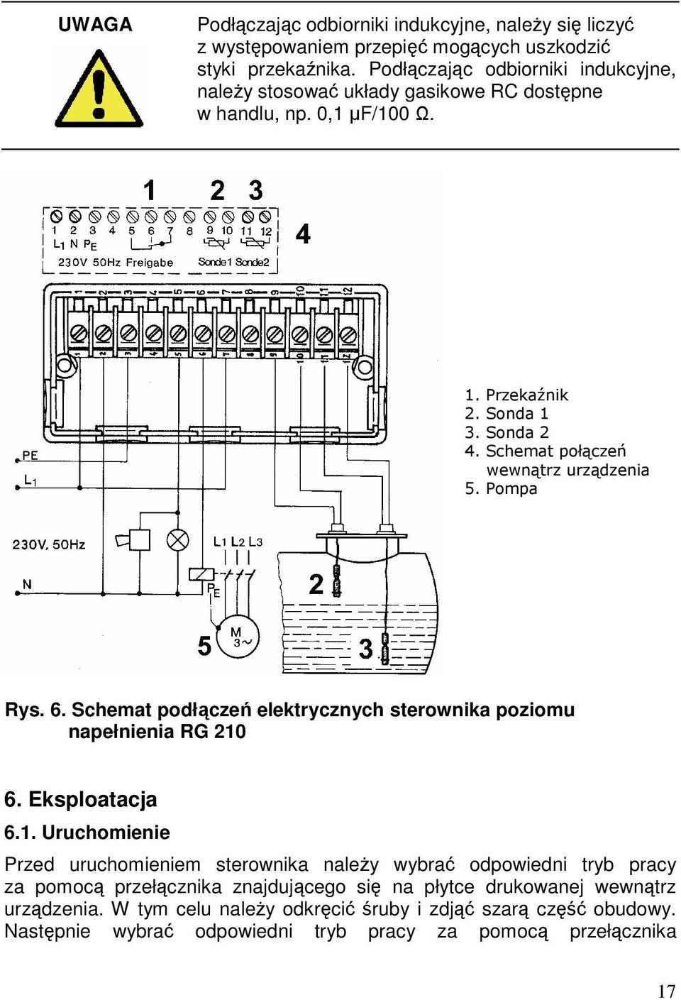 Schemat połączeń wewnątrz urządzenia 5. Pompa Rys. 6. Schemat podłączeń elektrycznych sterownika poziomu napełnienia RG 210