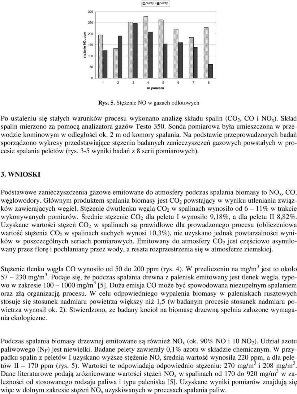 Na podstawie przeprowadzonych badań sporządzono wykresy przedstawiające stężenia badanych zanieczyszczeń gazowych powstałych w procesie spalania peletów (rys. 3-5 wyniki badań z 8 serii pomiarowych).